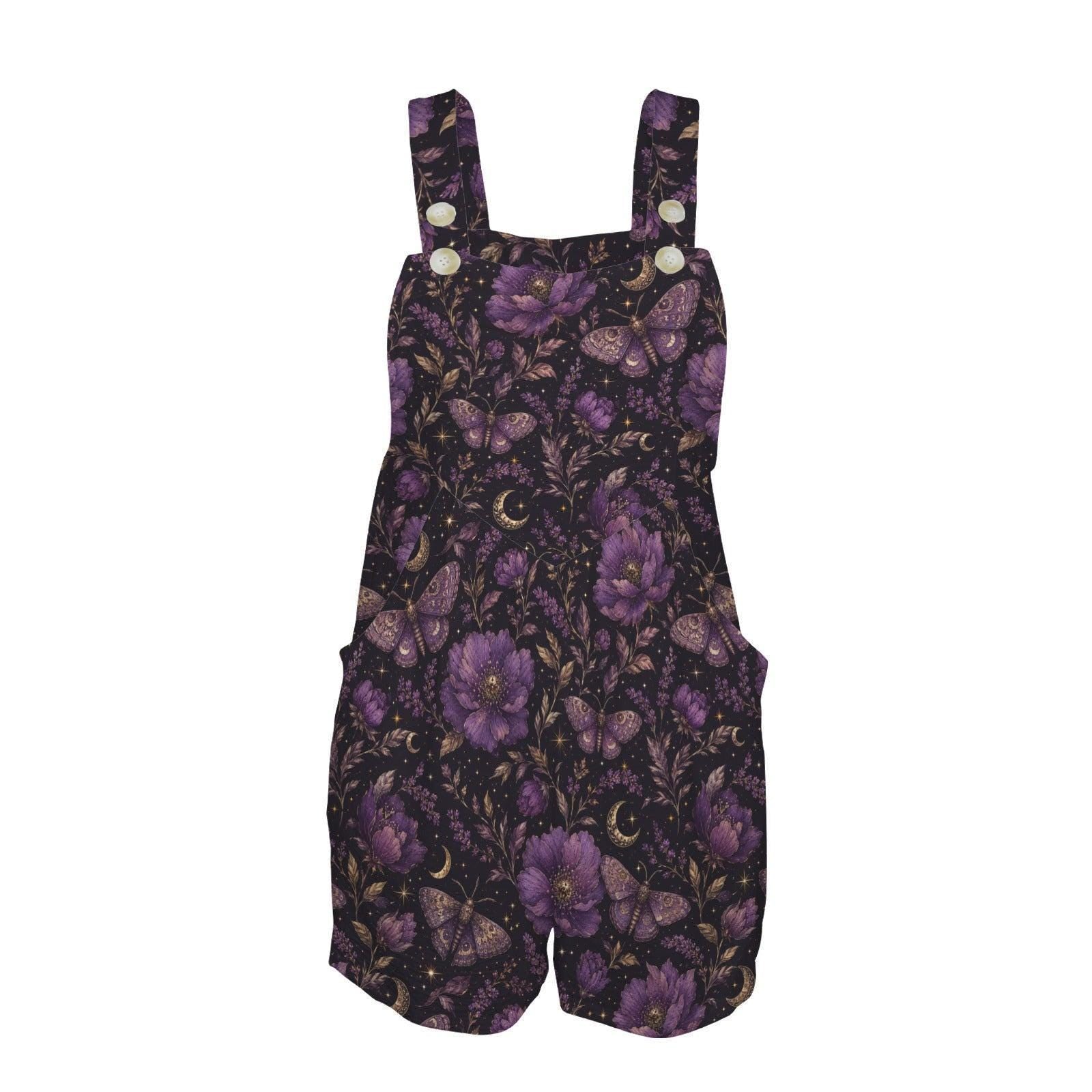 Moth Floral Romper, Purple Peony Botanical Playsuit, Sleeveless Button Strap Short Overalls