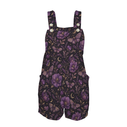 Moth Floral Romper, Purple Peony Botanical Playsuit, Sleeveless Button Strap Short Overalls
