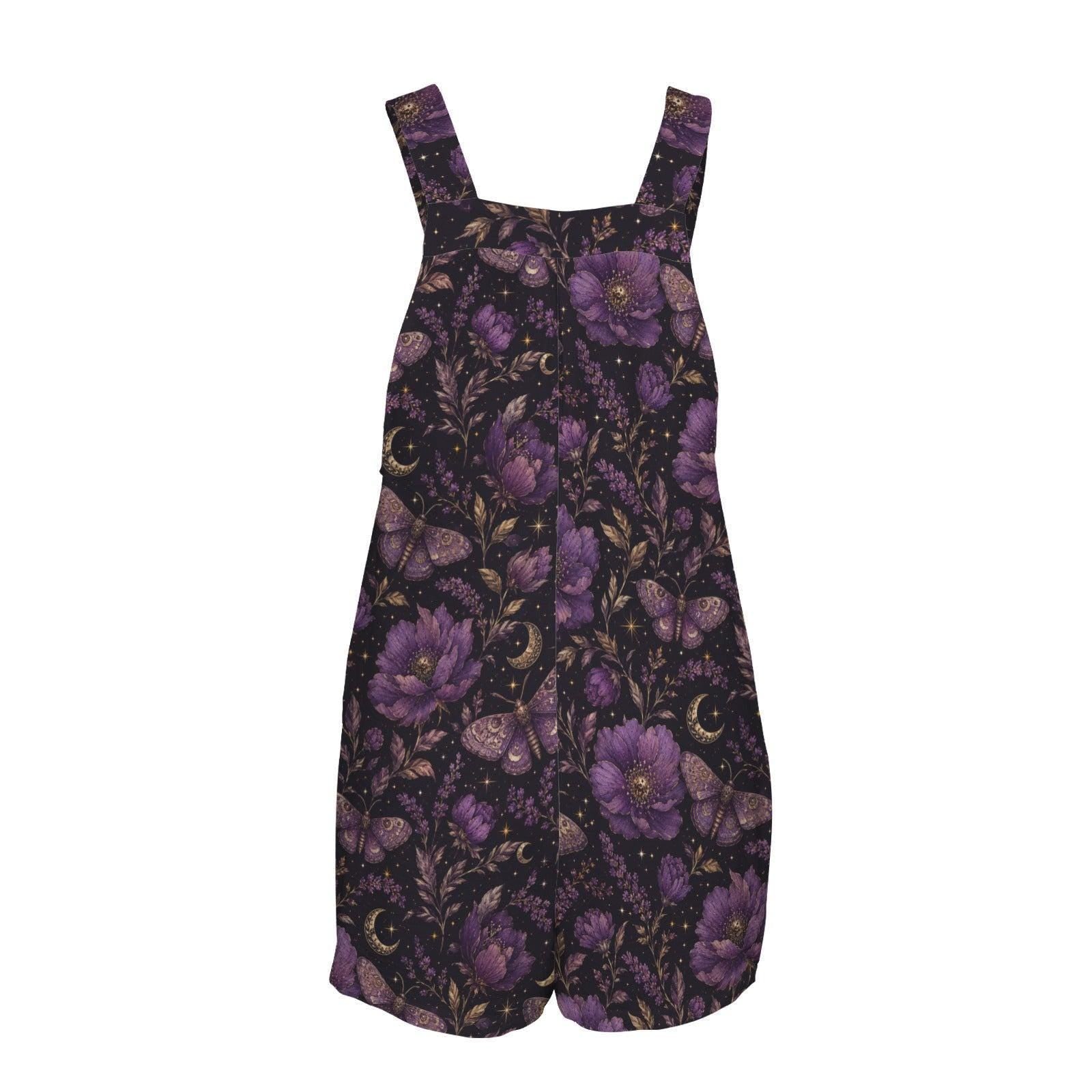 Moth Floral Romper, Purple Peony Botanical Playsuit, Sleeveless Button Strap Short Overalls