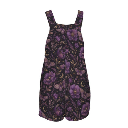 Moth Floral Romper, Purple Peony Botanical Playsuit, Sleeveless Button Strap Short Overalls