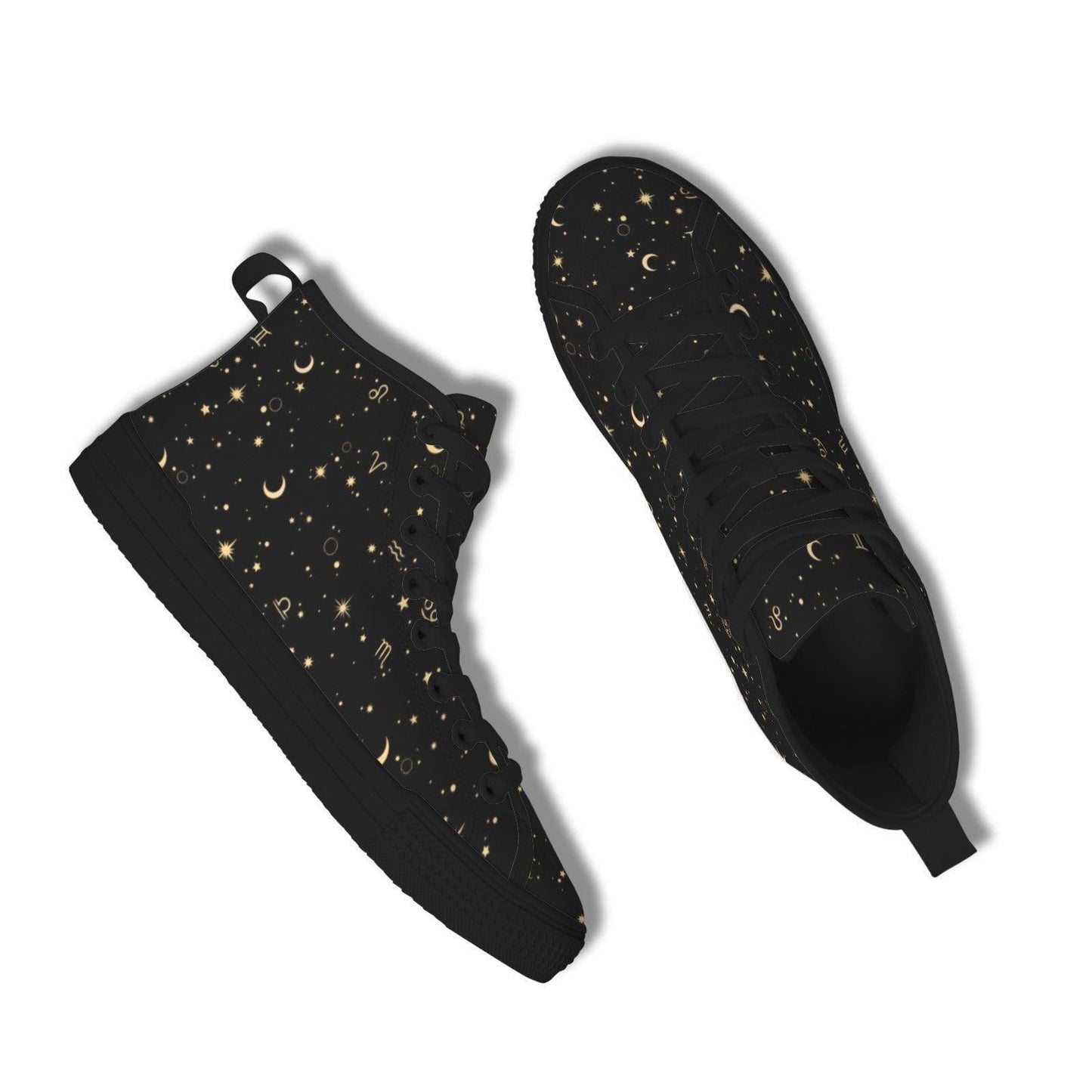 Celestial High Top Sneakers, Black Moon Star Zodiac Print Canvas Shoes