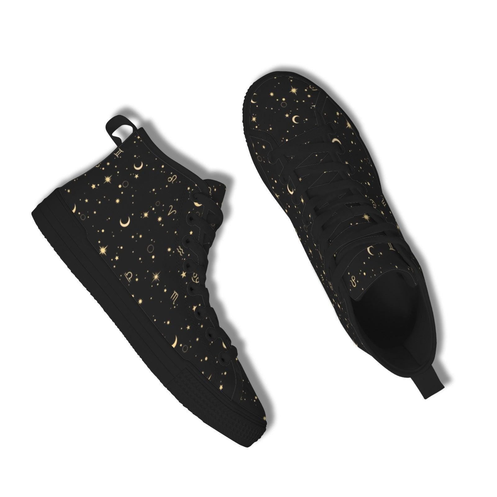 Celestial High Top Sneakers, Black Moon Star Zodiac Print Canvas Shoes