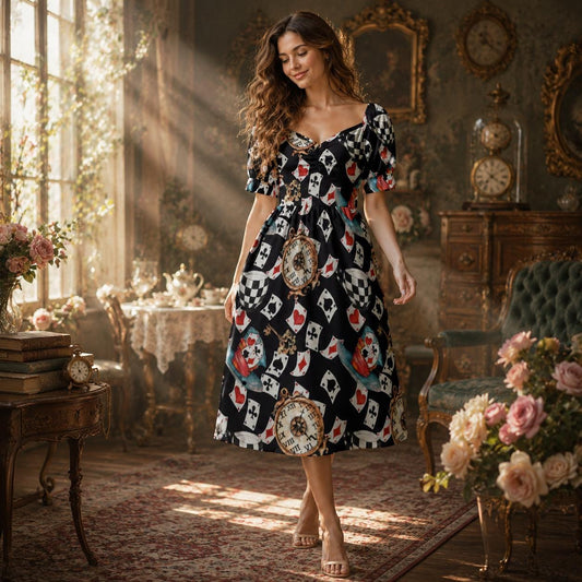 Wonderland Card Print Midi Dress, Queen Hearts Puff Sleeve, Storybook Tea Party Outfit for Women