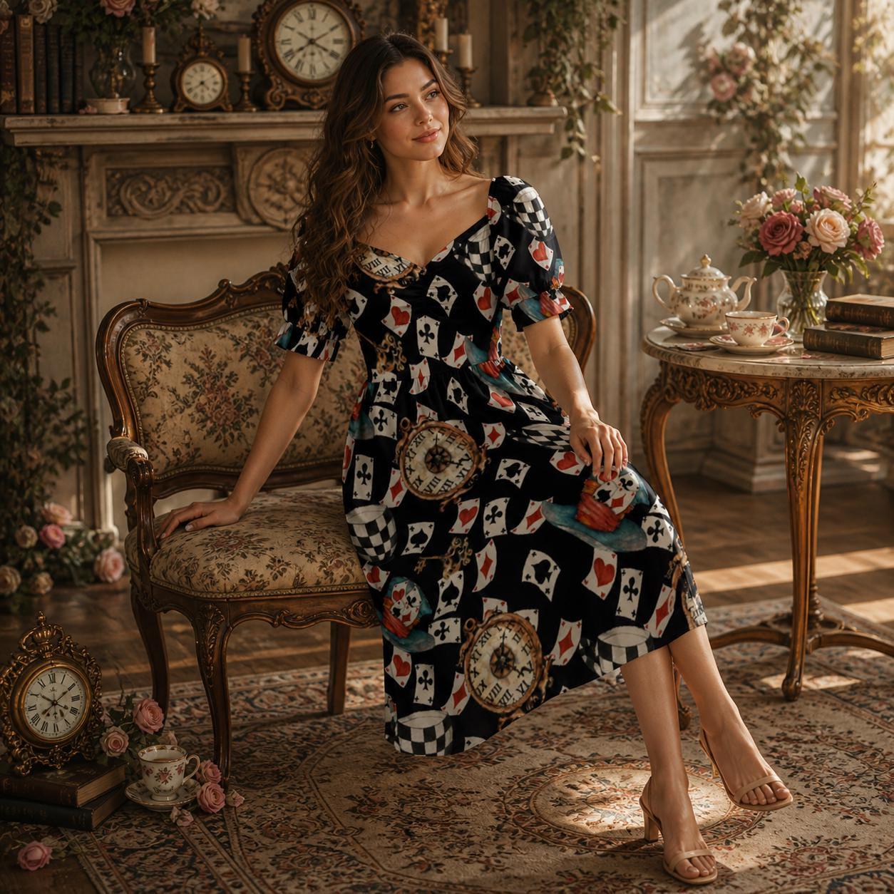 Wonderland Card Print Midi Dress, Queen Hearts Puff Sleeve, Storybook Tea Party Outfit for Women