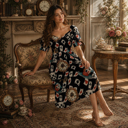 Women Wonderland Playing Card Print Midi Dress, Queen Hearts Puff Sleeve Tea Party Outfit