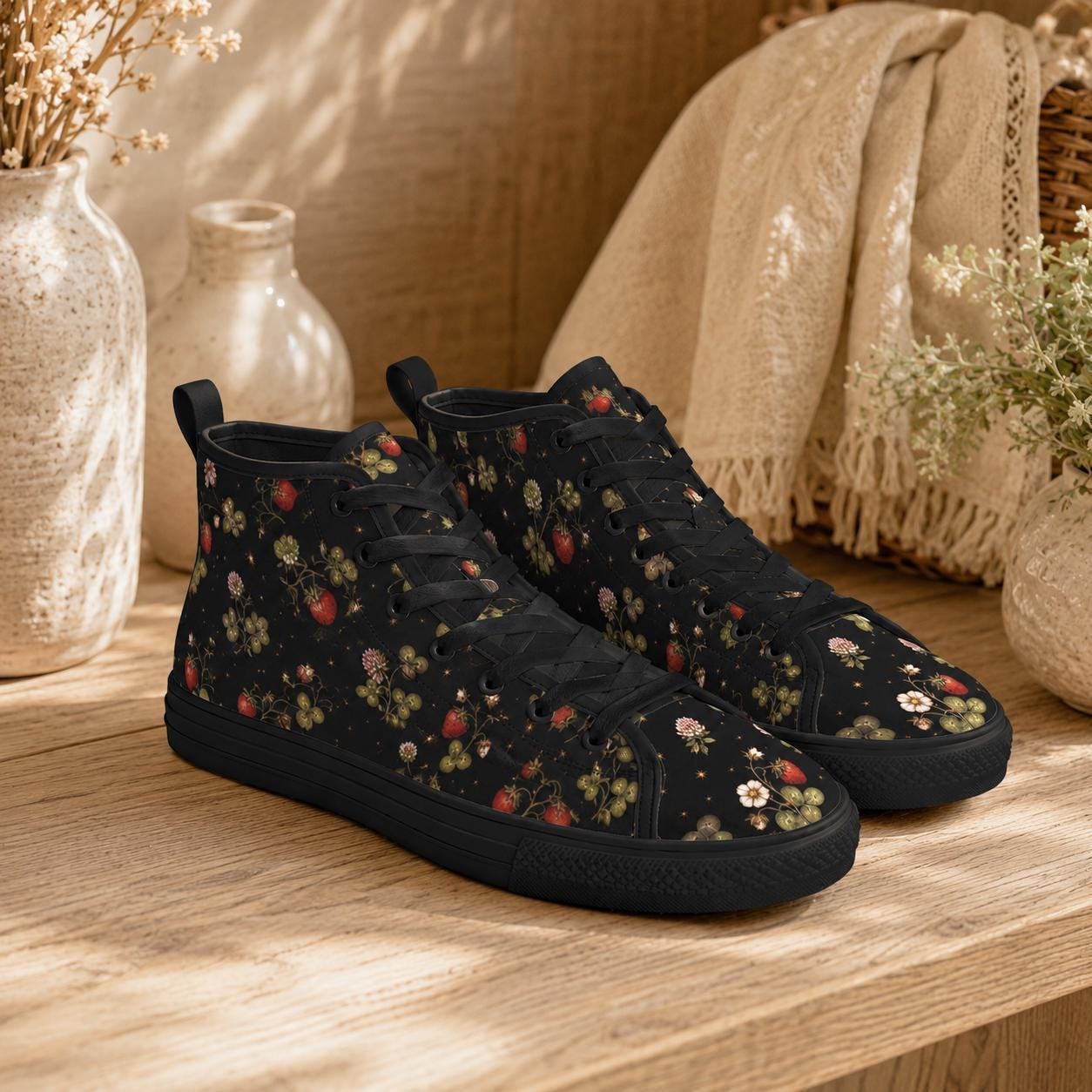 Dark Strawberry Floral High Top Canvas Sneakers, Cottagecore Garden Footwear