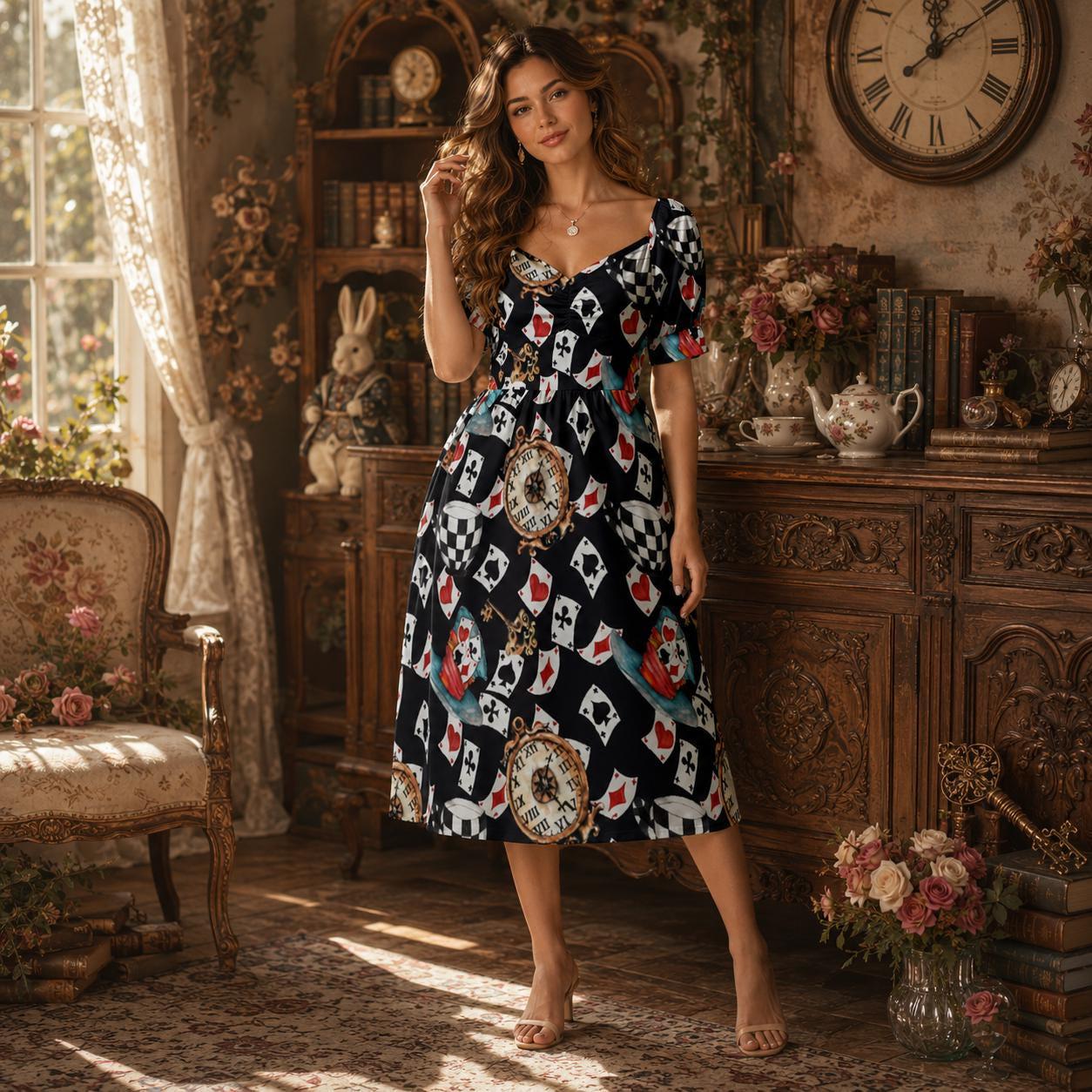 Wonderland Card Print Midi Dress, Queen Hearts Puff Sleeve, Storybook Tea Party Outfit for Women