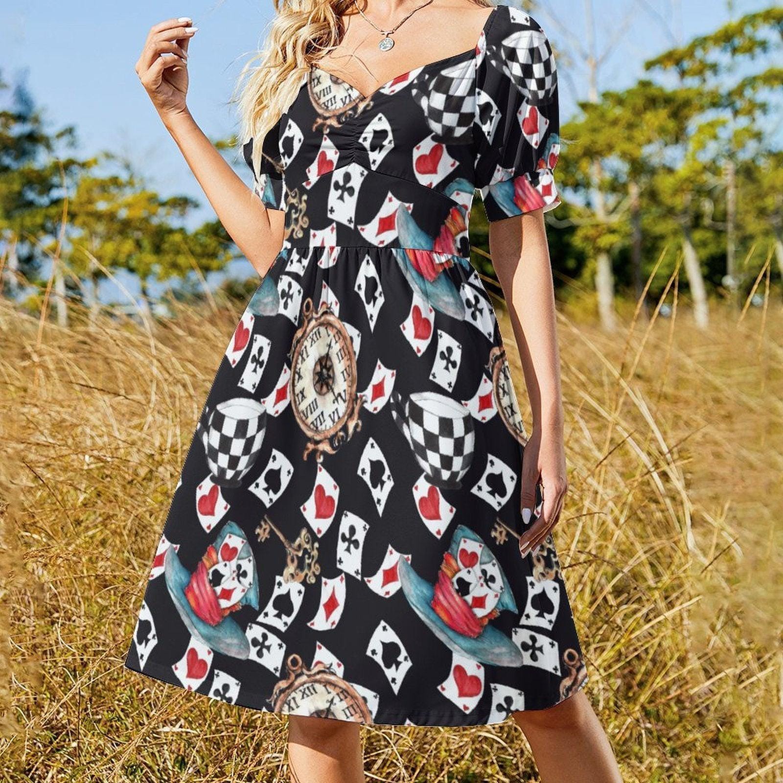 Wonderland Card Print Midi Dress, Queen Hearts Puff Sleeve, Storybook Tea Party Outfit for Women