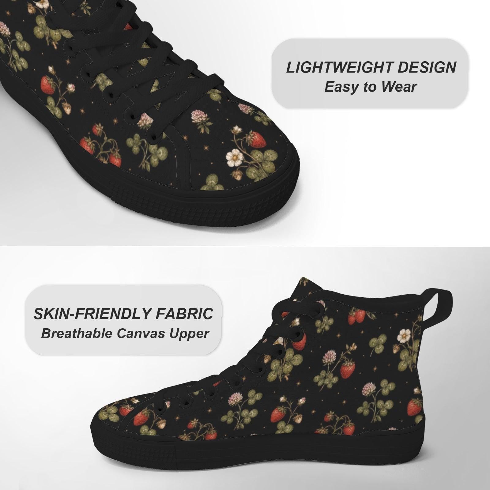 Dark Strawberry Floral High Top Canvas Sneakers, Cottagecore Garden Footwear