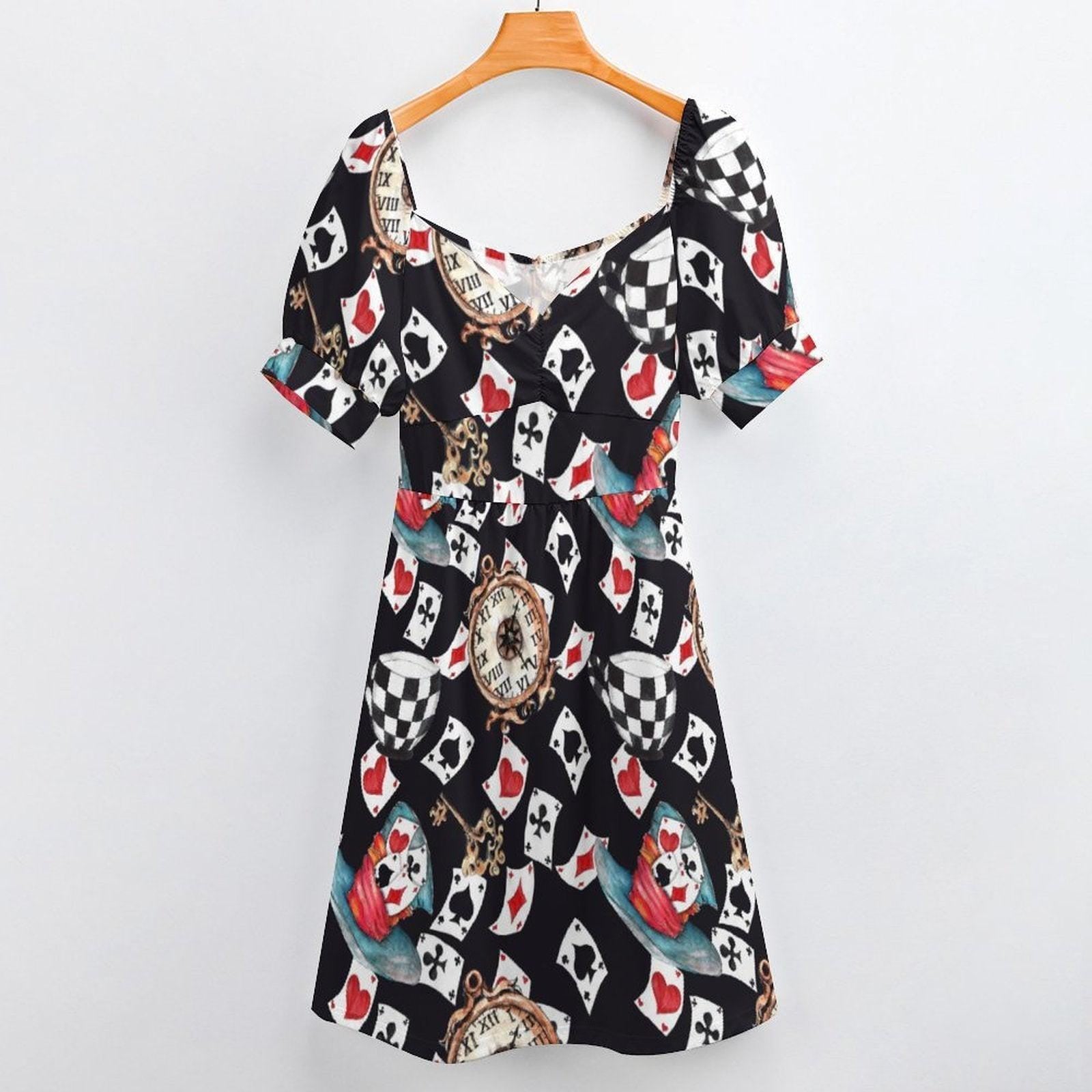 Wonderland Card Print Midi Dress, Queen Hearts Puff Sleeve, Storybook Tea Party Outfit for Women