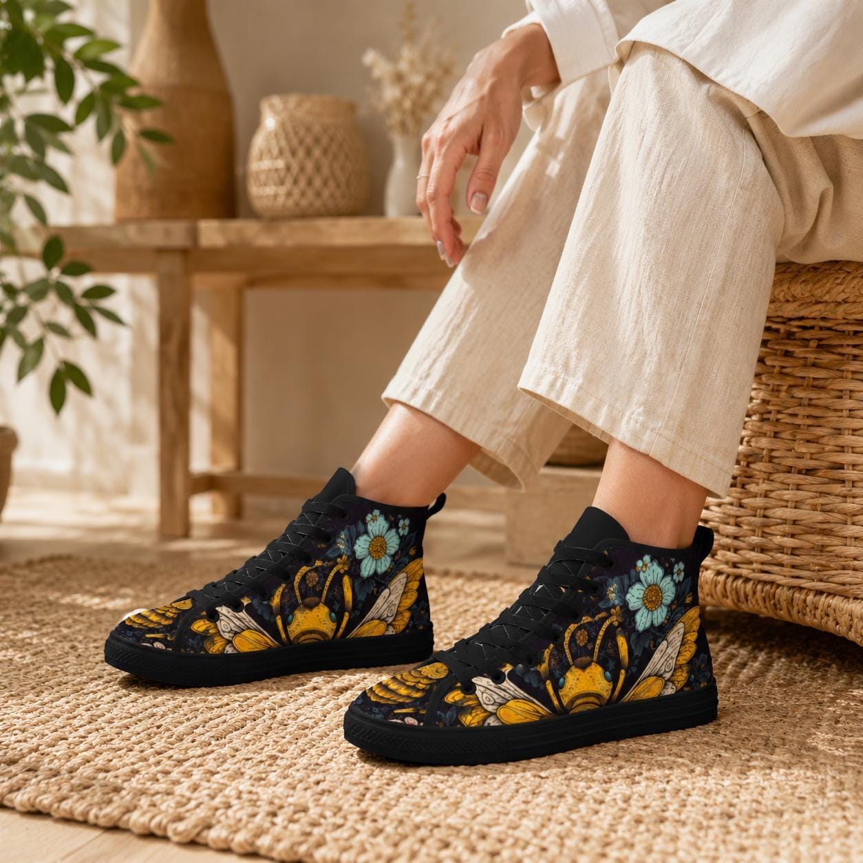 Golden Bumblebee Teal Daisy Folk Art High Top Sneakers, Garden Print Canvas Shoes