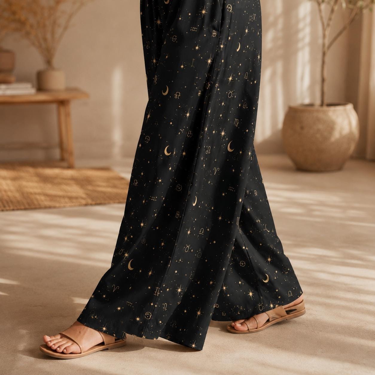 Celestial Moon Wide Leg Jumpsuit, Black Star Print Overalls, Witchy Festival Outfit