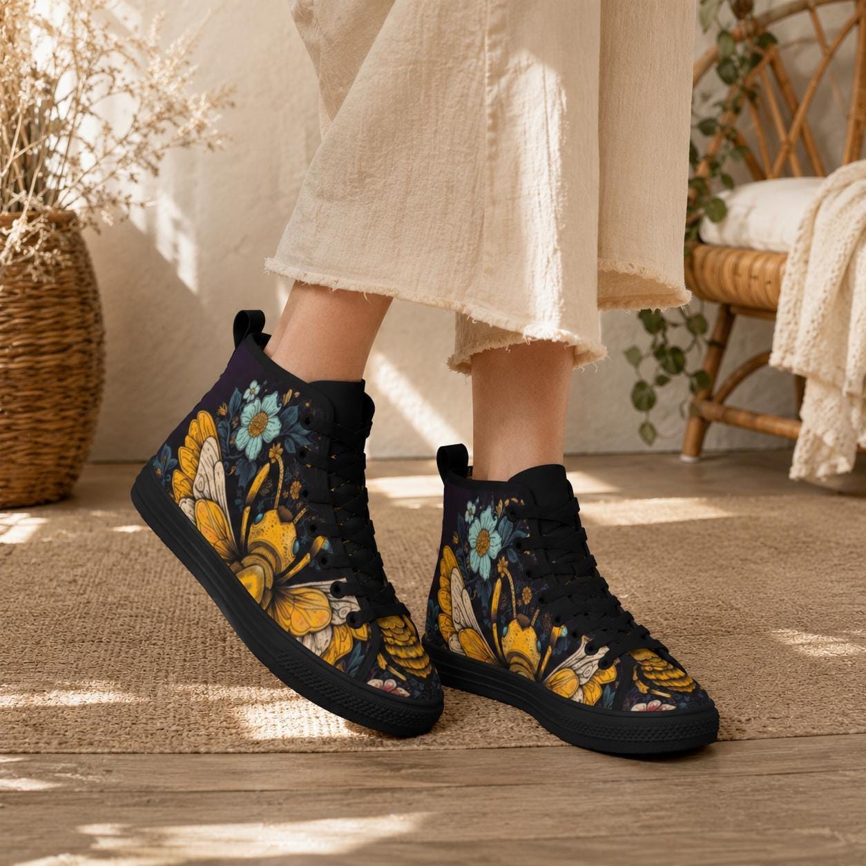 Golden Bumblebee Teal Daisy Folk Art High Top Sneakers, Garden Print Canvas Shoes