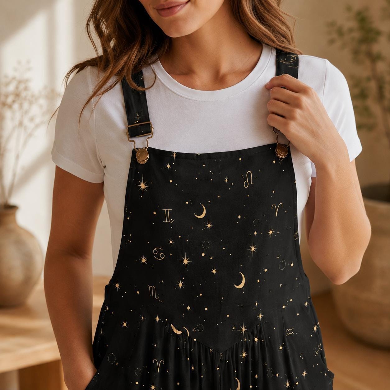 Celestial Moon Wide Leg Jumpsuit, Black Star Print Overalls, Witchy Festival Outfit