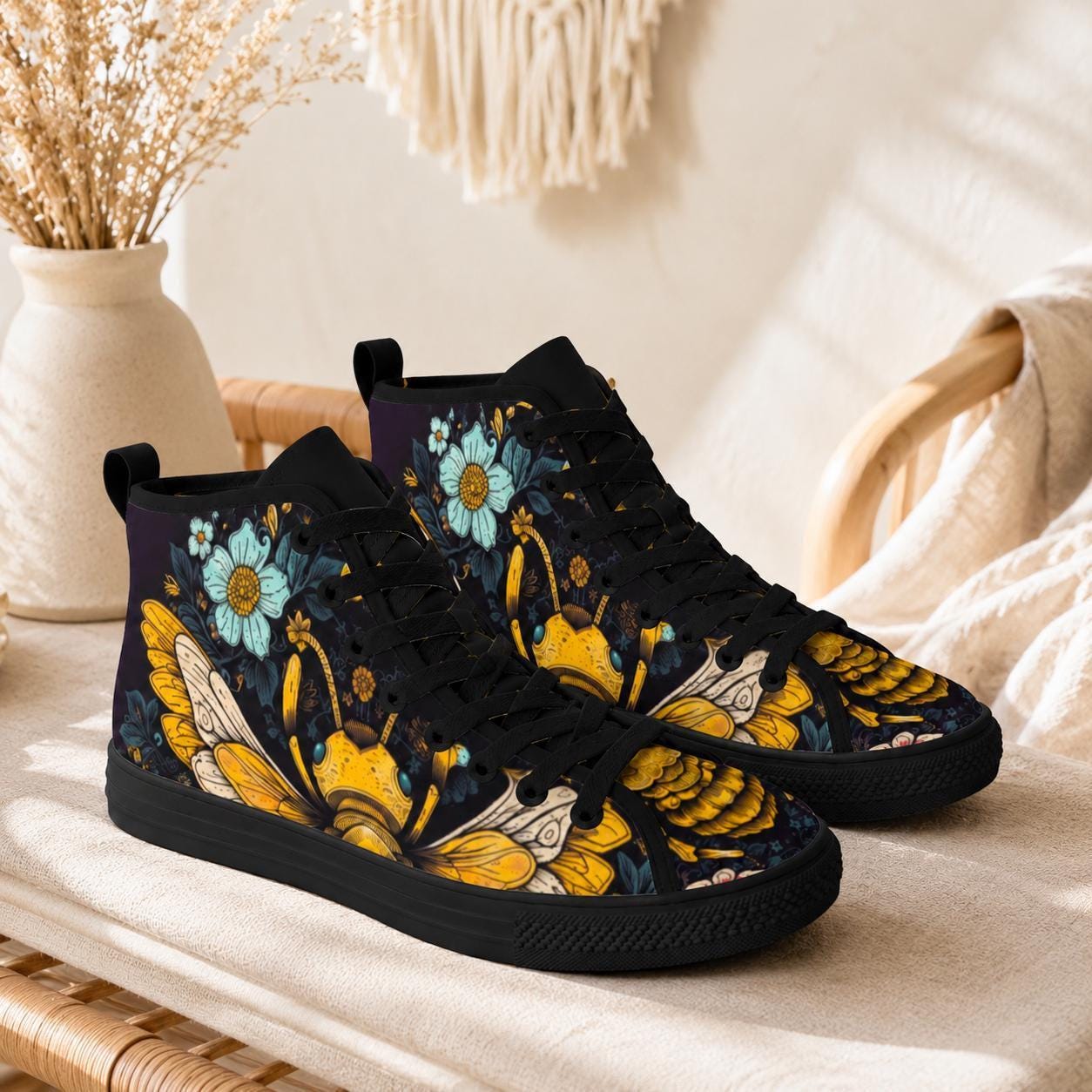 Golden Bumblebee Teal Daisy Folk Art High Top Sneakers, Garden Print Canvas Shoes
