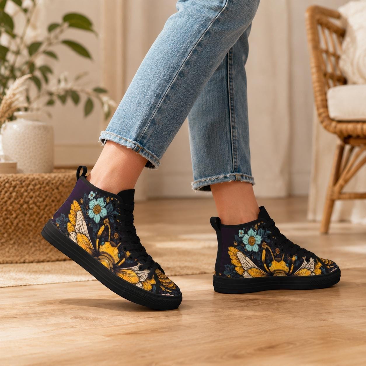 Golden Bumblebee Teal Daisy Folk Art High Top Sneakers, Garden Print Canvas Shoes