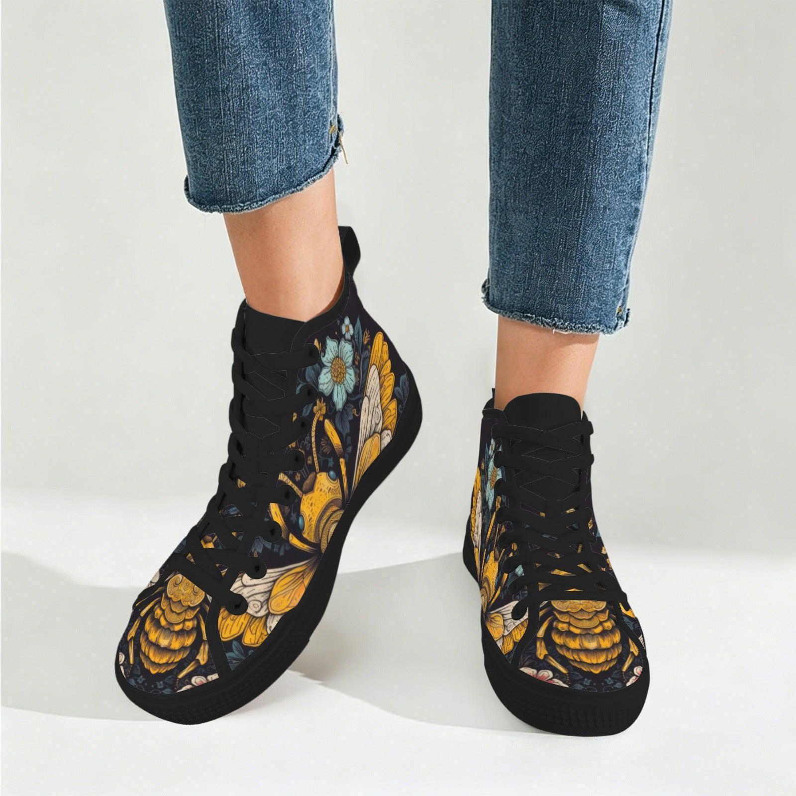 Golden Bumblebee Teal Daisy Folk Art High Top Sneakers, Garden Print Canvas Shoes