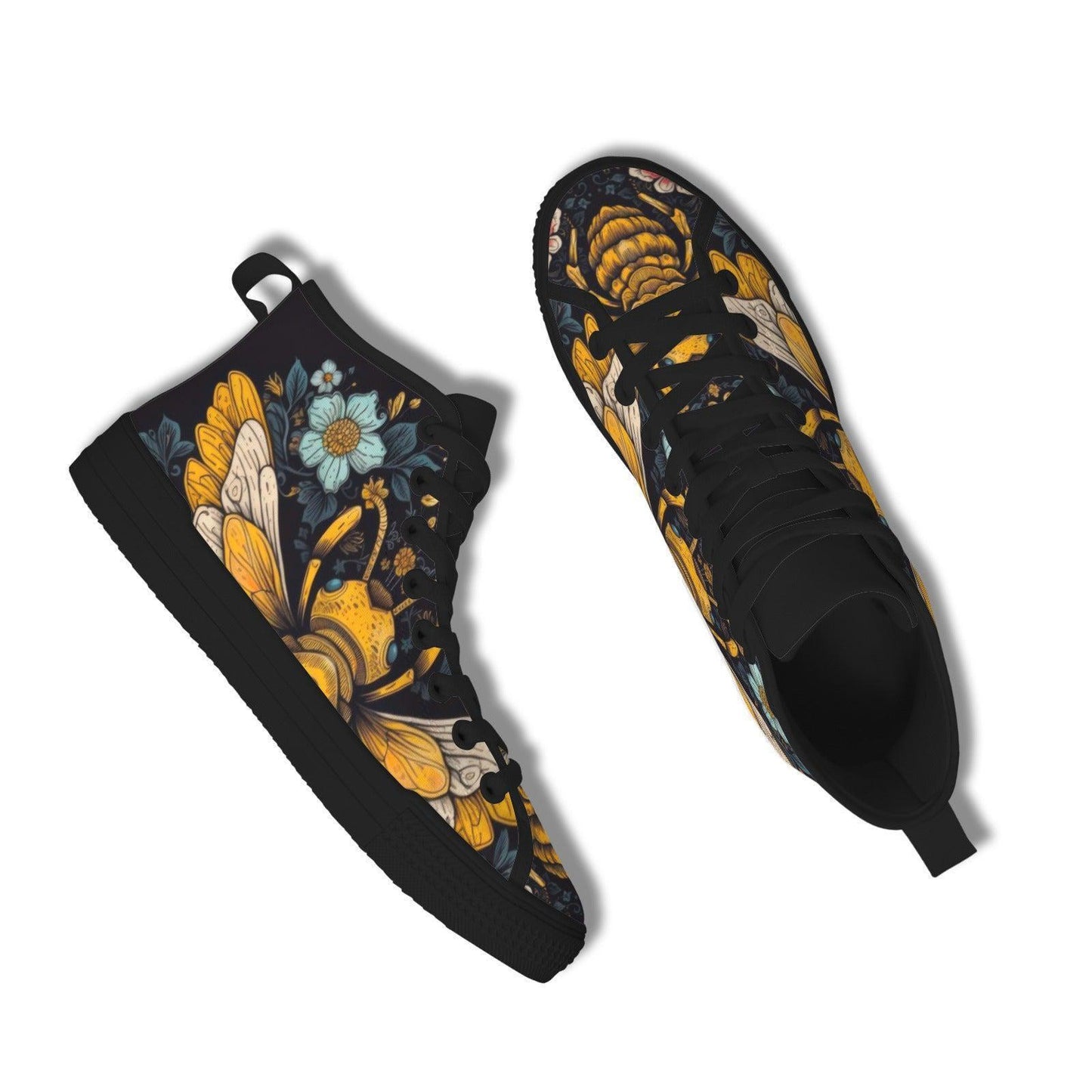 Golden Bumblebee Teal Daisy Folk Art High Top Sneakers, Garden Print Canvas Shoes