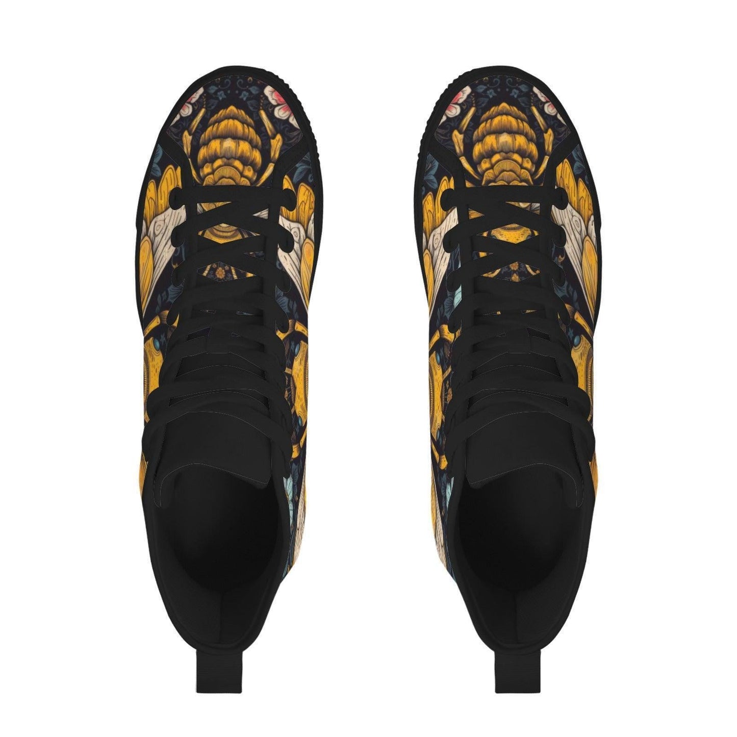 Golden Bumblebee Teal Daisy Folk Art High Top Sneakers, Garden Print Canvas Shoes