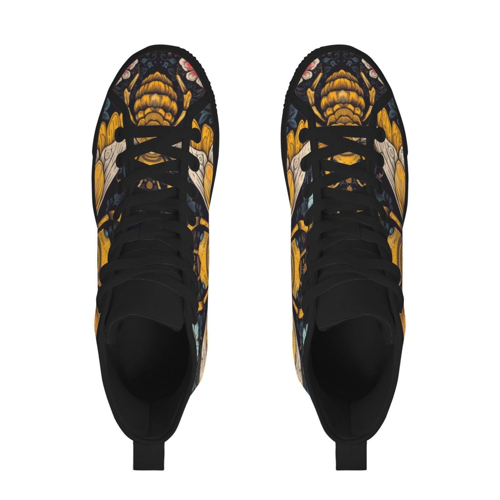 Golden Bumblebee Teal Daisy Folk Art High Top Sneakers, Garden Print Canvas Shoes