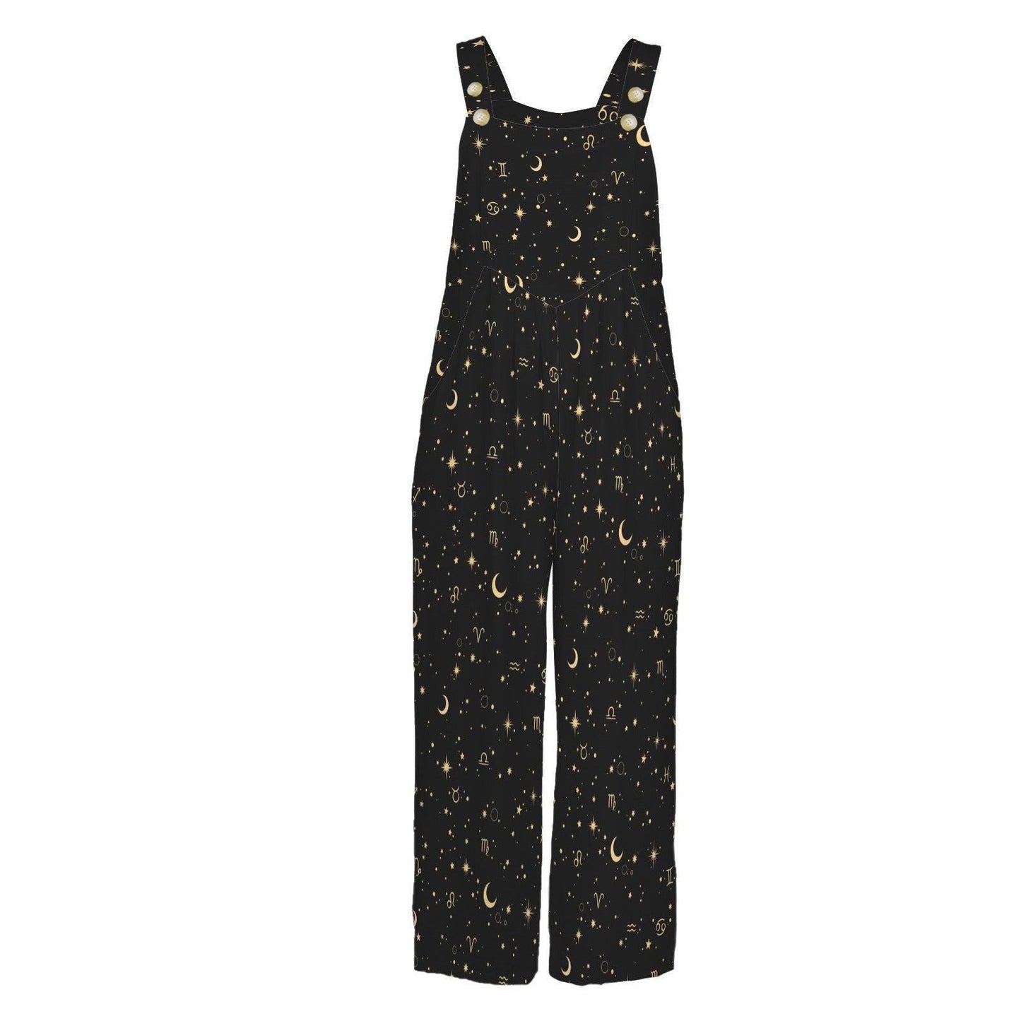 Celestial Moon Wide Leg Jumpsuit, Black Star Print Overalls, Witchy Festival Outfit