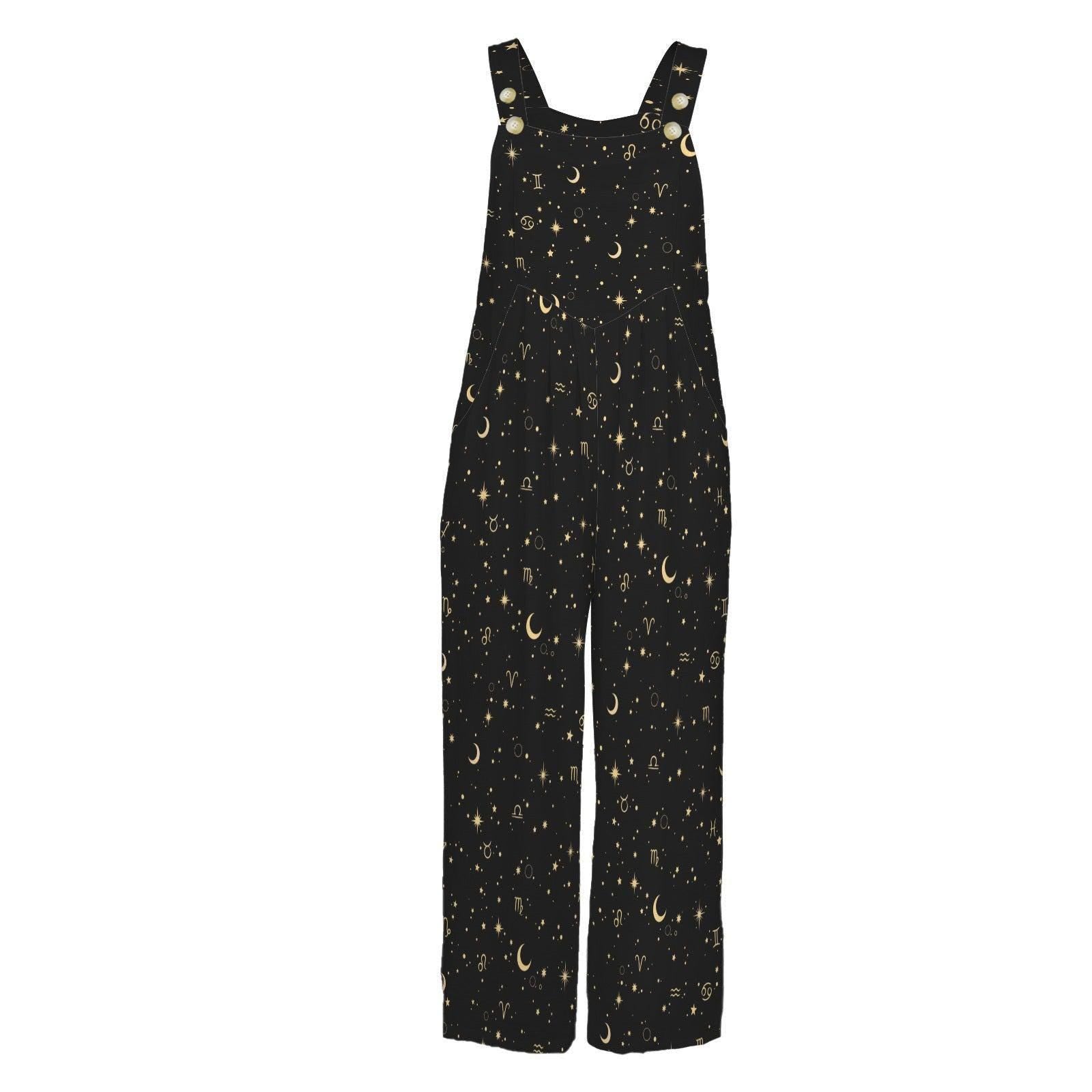 Celestial Moon Wide Leg Jumpsuit, Black Star Print Overalls, Witchy Festival Outfit