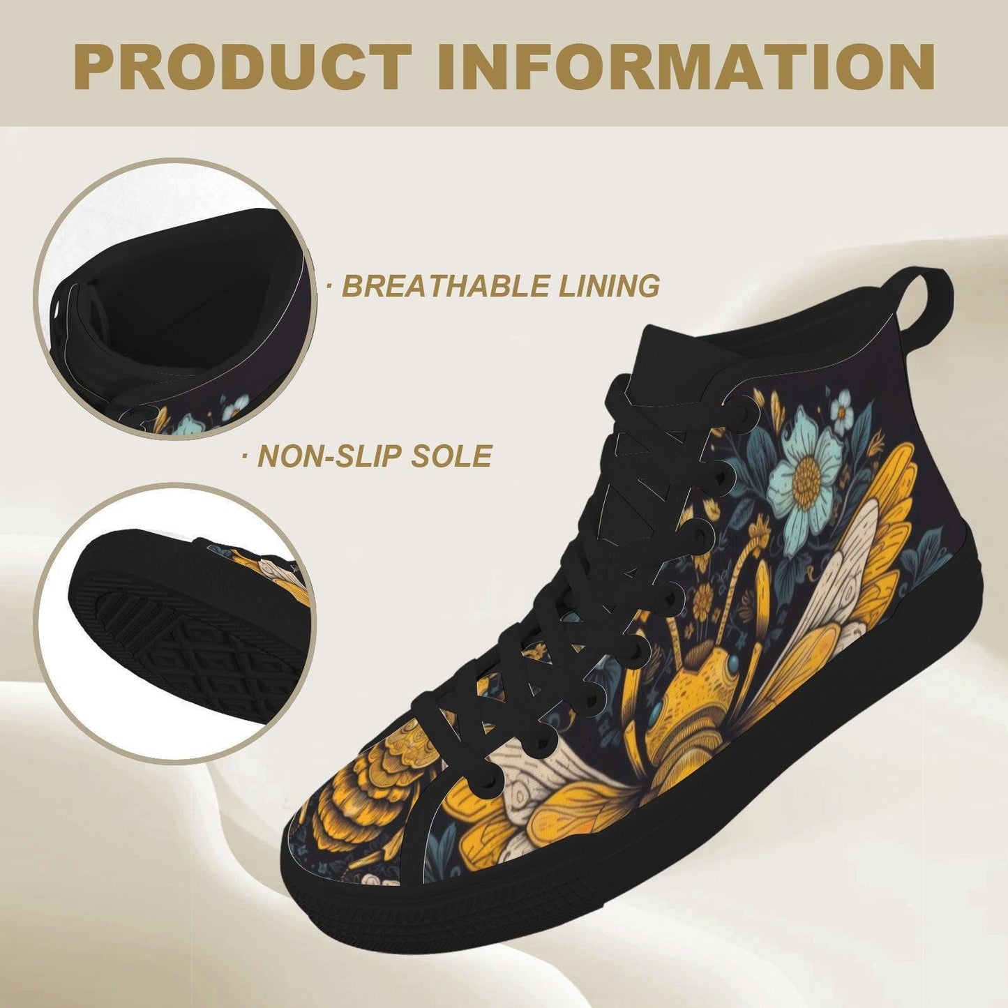 Golden Bumblebee Teal Daisy Folk Art High Top Sneakers, Garden Print Canvas Shoes