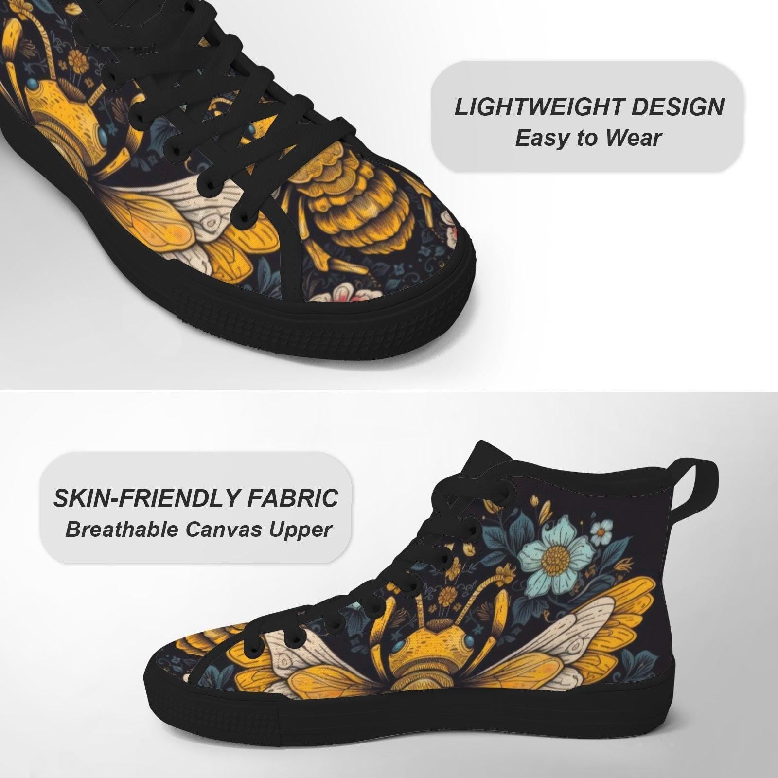 Golden Bumblebee Teal Daisy Folk Art High Top Sneakers, Garden Print Canvas Shoes