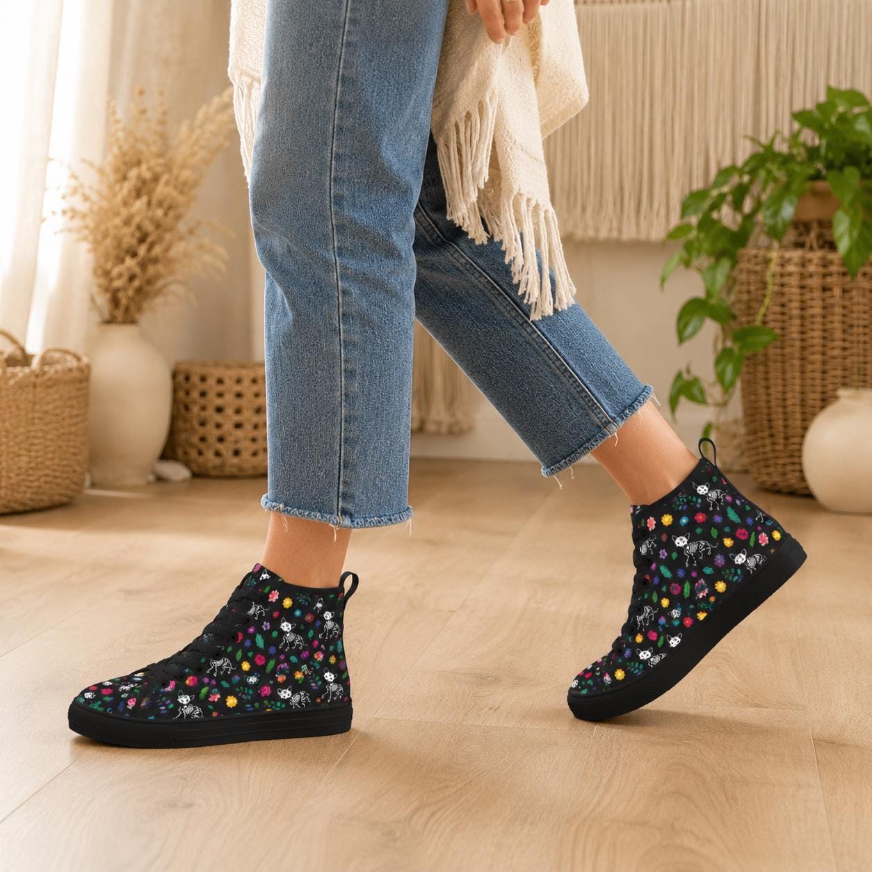 Skull Floral Lace Up Boots, Black Gothic High Top Canvas Shoes, Colorful Bloom Print