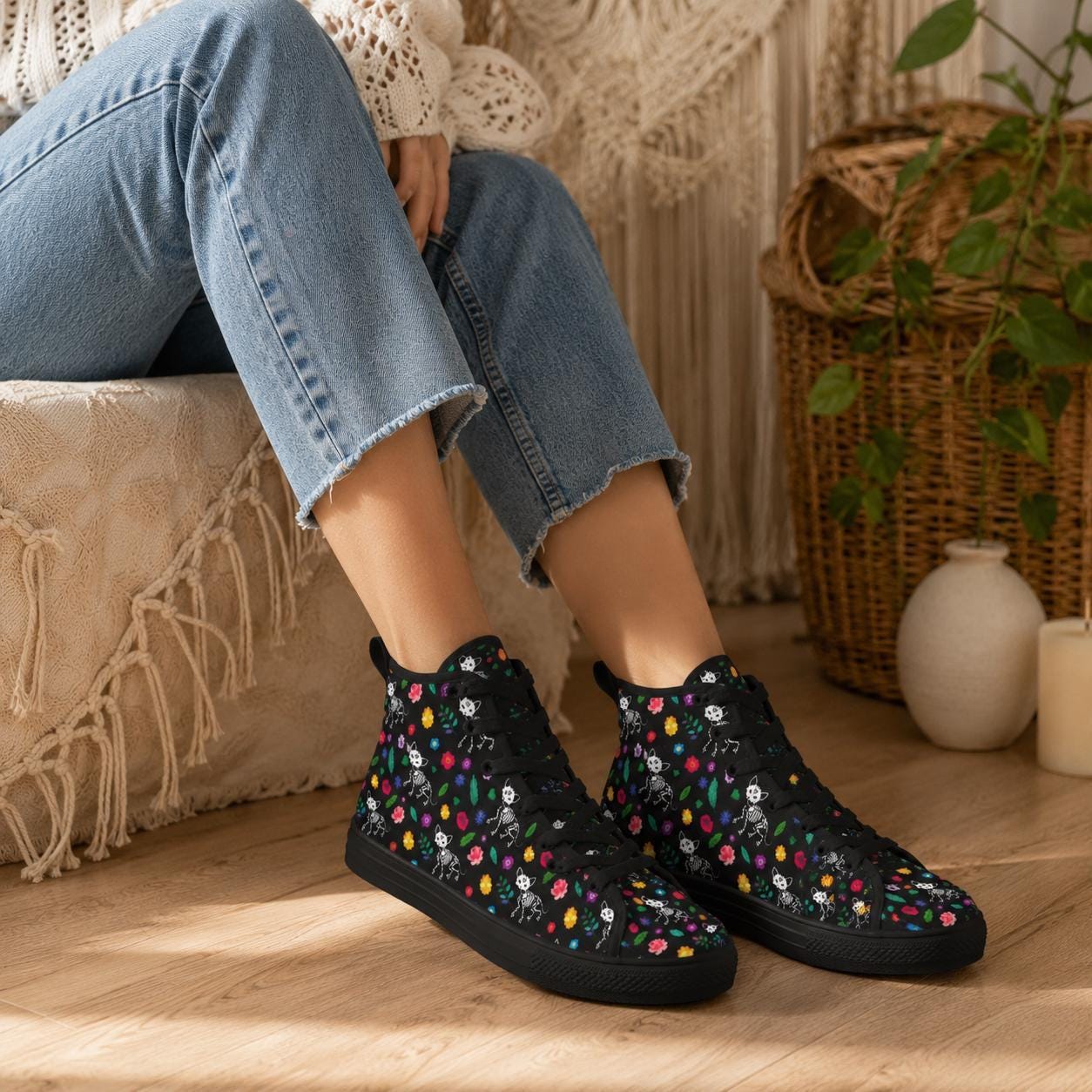 Skull Floral Lace Up Boots, Black Gothic High Top Canvas Shoes, Colorful Bloom Print