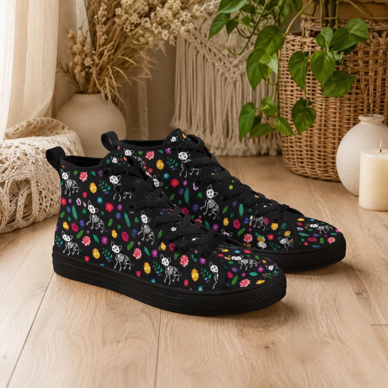 Skull Floral Lace Up Boots, Black Gothic High Top Canvas Shoes, Colorful Bloom Print