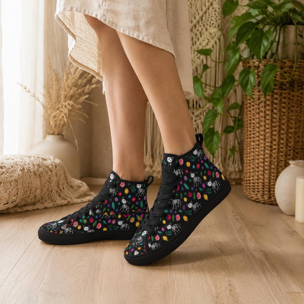 Skull Floral Lace Up Boots, Black Gothic High Top Canvas Shoes, Colorful Bloom Print