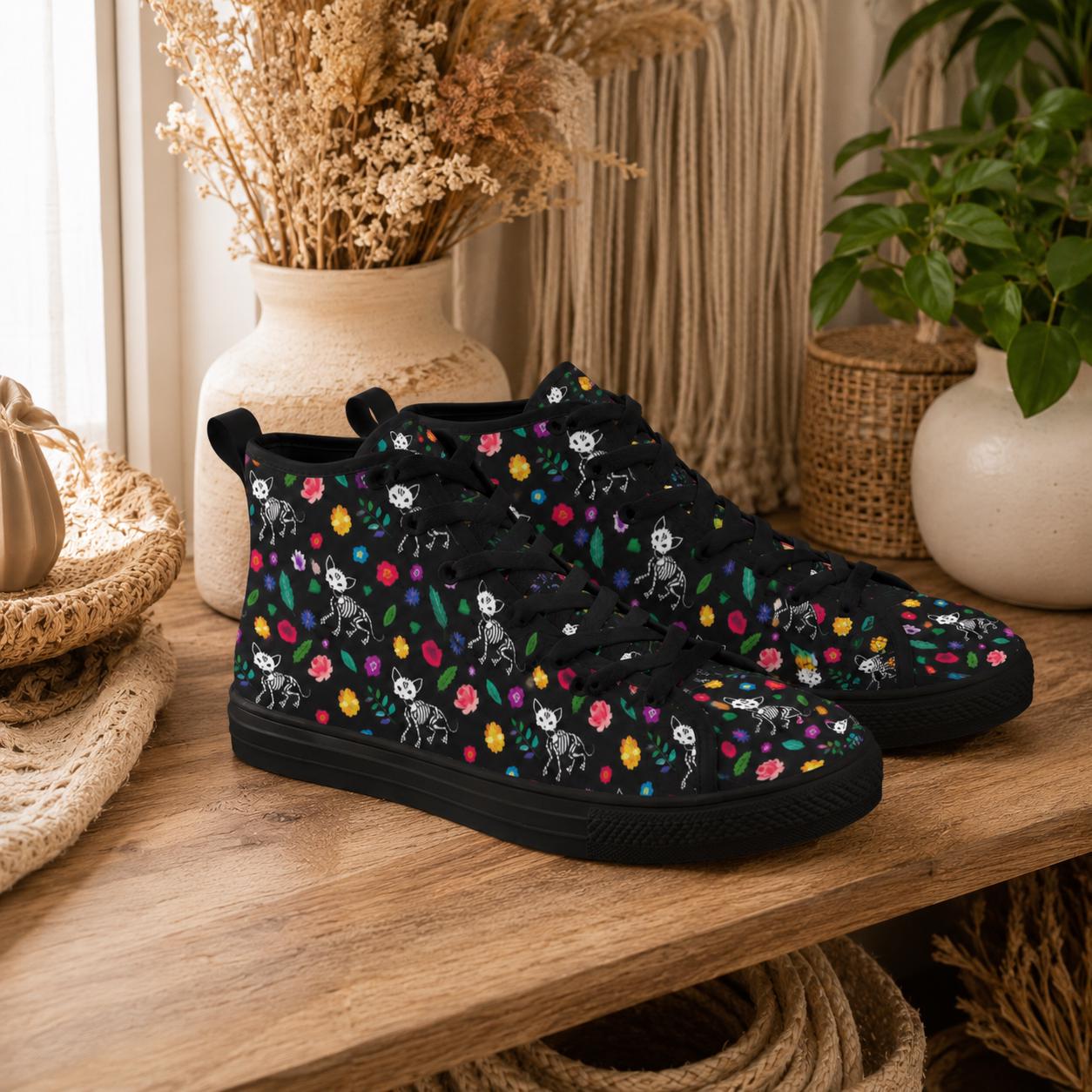 Skull Floral Lace Up Boots, Black Gothic High Top Canvas Shoes, Colorful Bloom Print