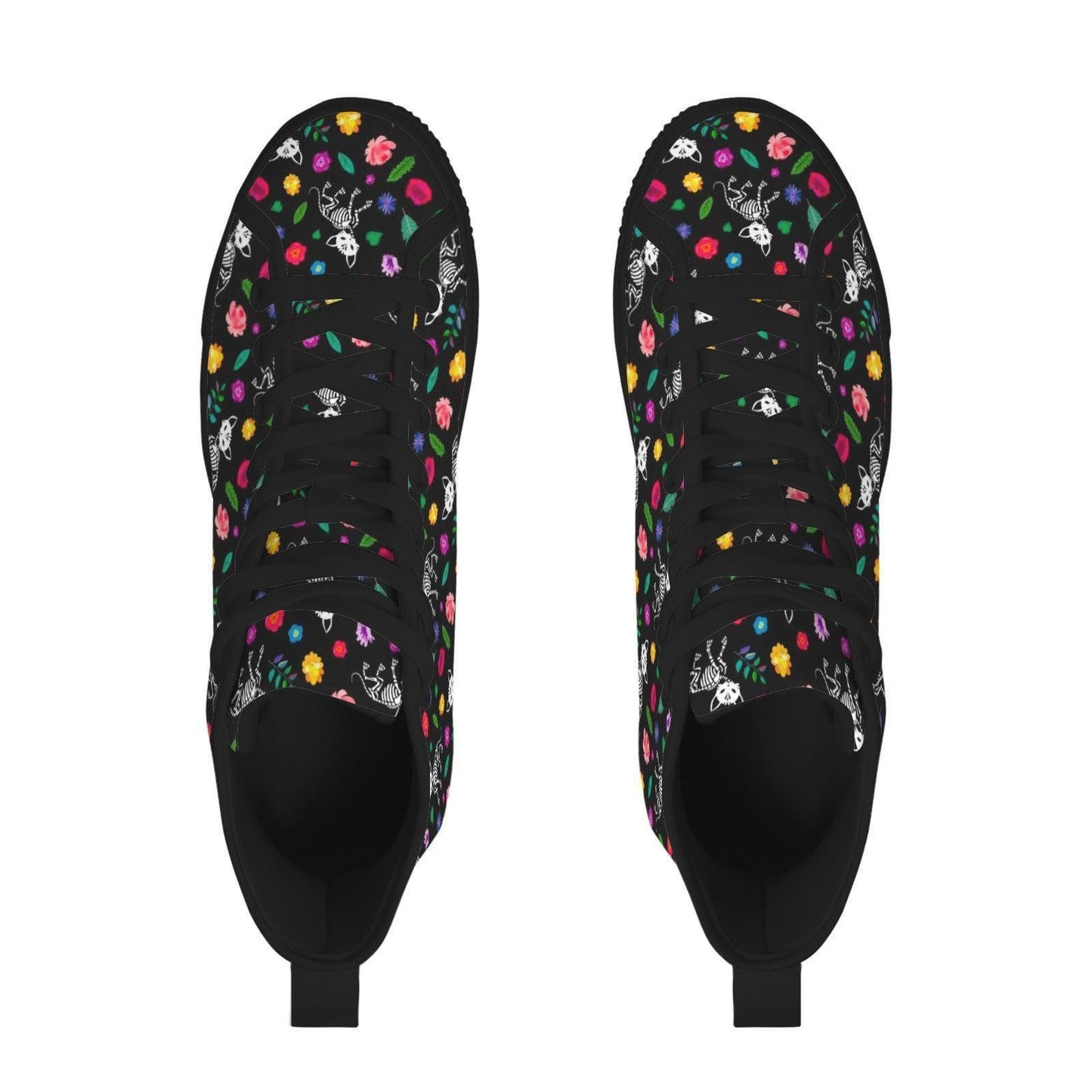 Skull Floral Lace Up Boots, Black Gothic High Top Canvas Shoes, Colorful Bloom Print