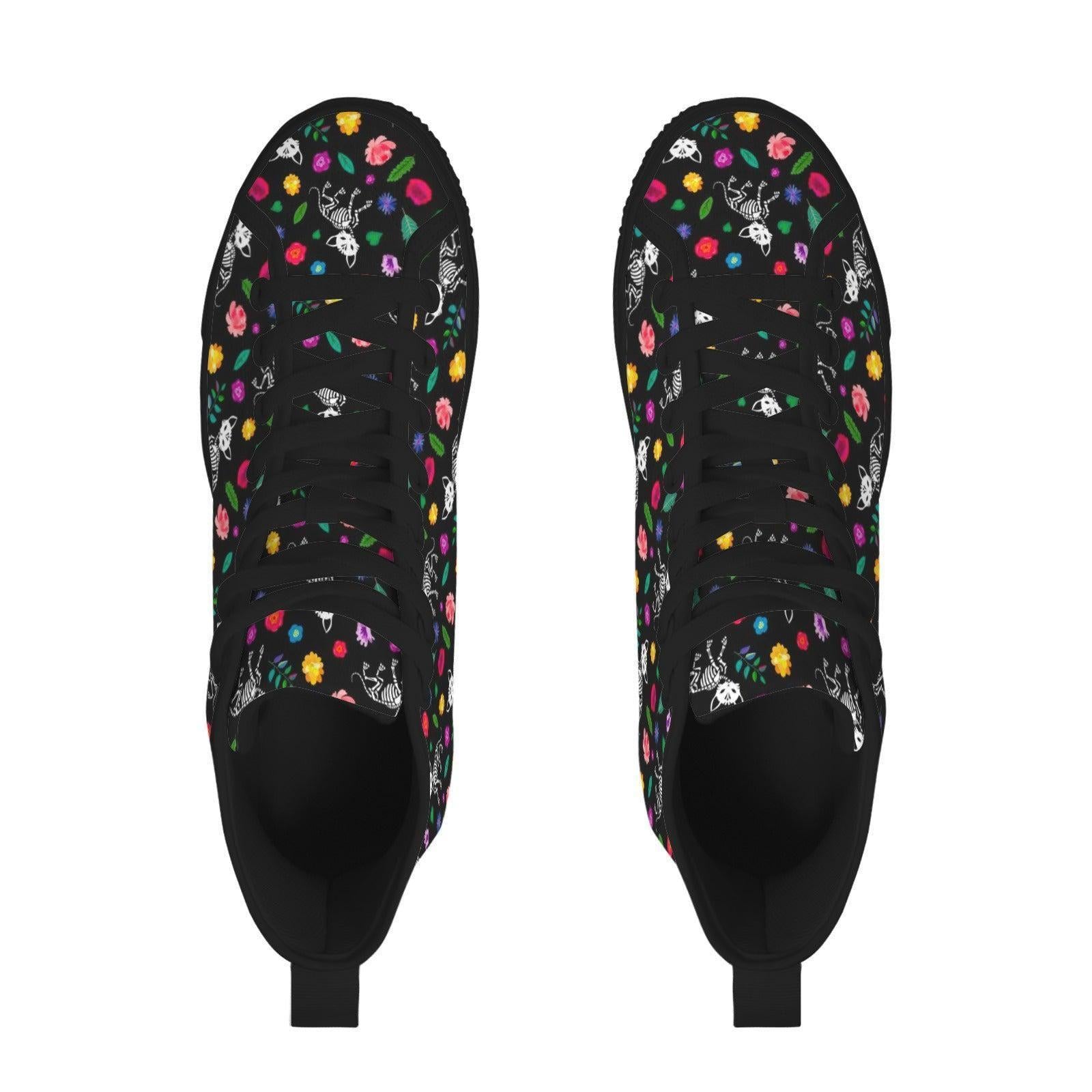 Skull Floral Lace Up Boots, Black Gothic High Top Canvas Shoes, Colorful Bloom Print