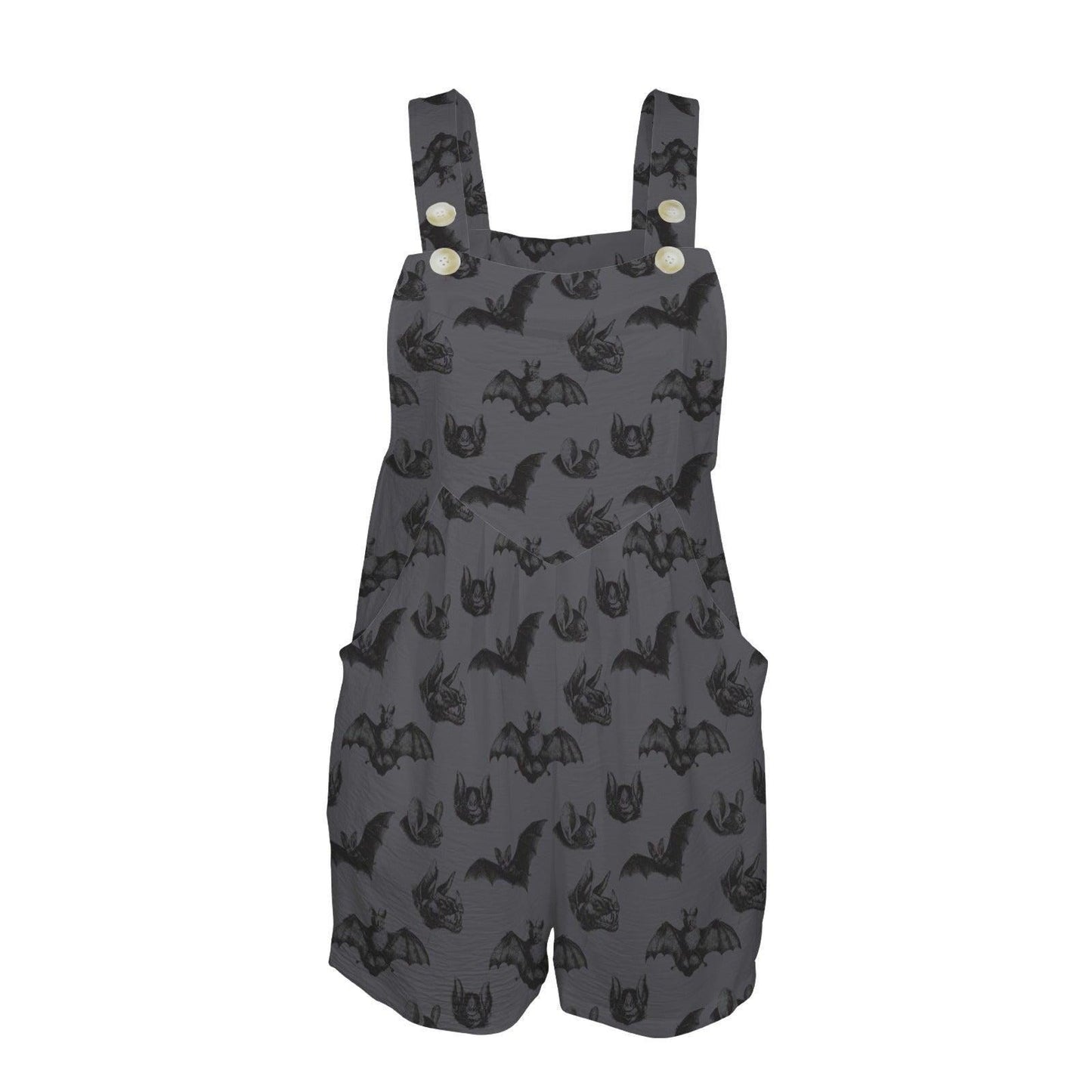 Gothic Bat Print Romper, Witchy Shortalls with Pockets, Dark Gray Summer Outfit