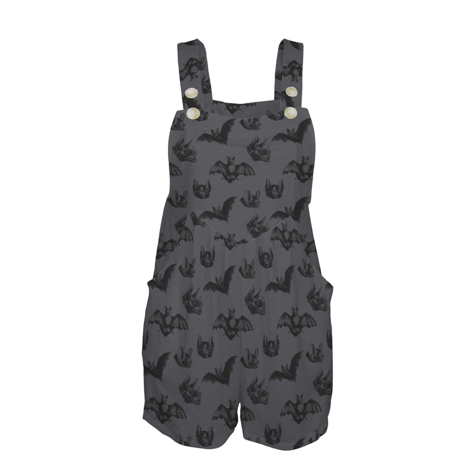 Gothic Bat Print Romper, Witchy Shortalls with Pockets, Dark Gray Summer Outfit