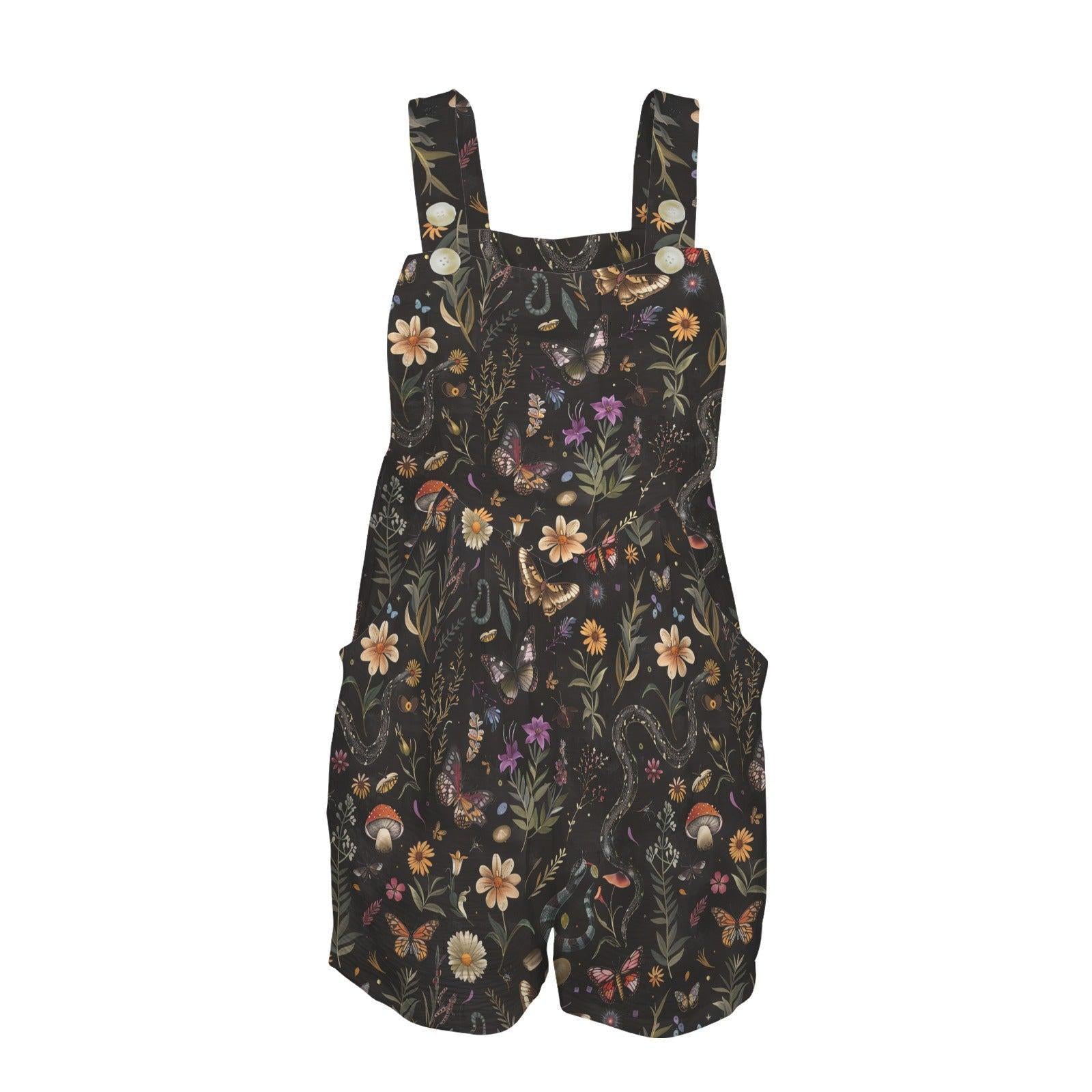 Black Floral Shortalls Romper, Cottagecore Wildflower Summer Playsuit