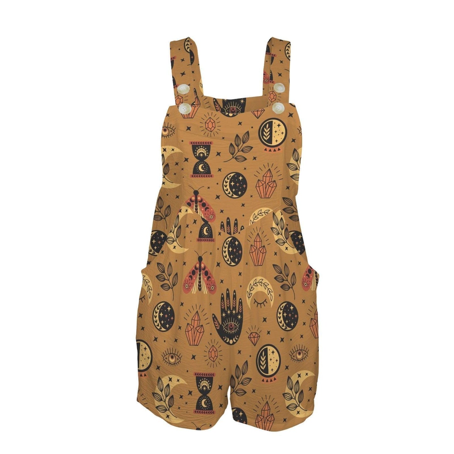 Tan Celestial Overall Romper, Moth Crystal Print Short Jumpsuit with Pockets