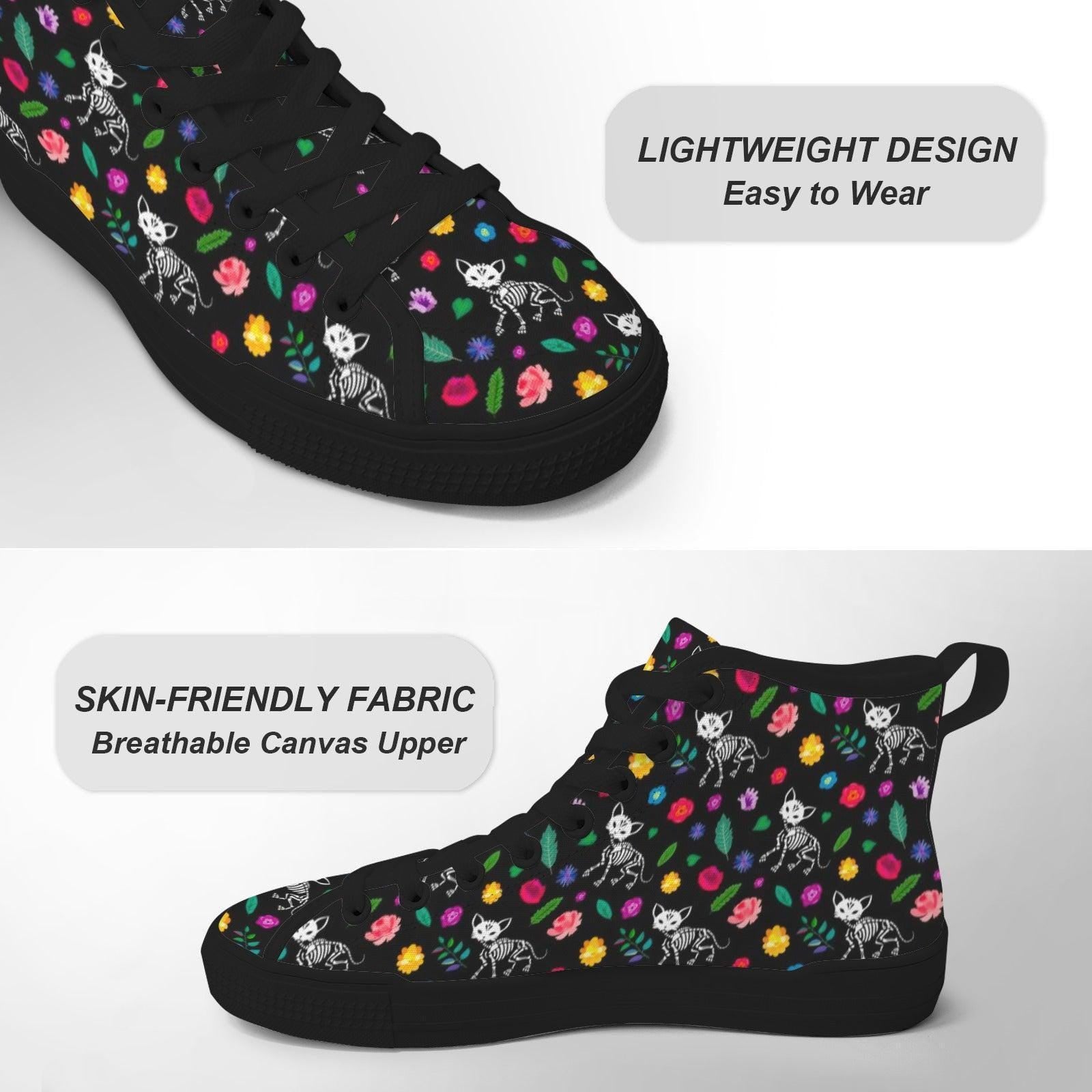 Skull Floral Lace Up Boots, Black Gothic High Top Canvas Shoes, Colorful Bloom Print