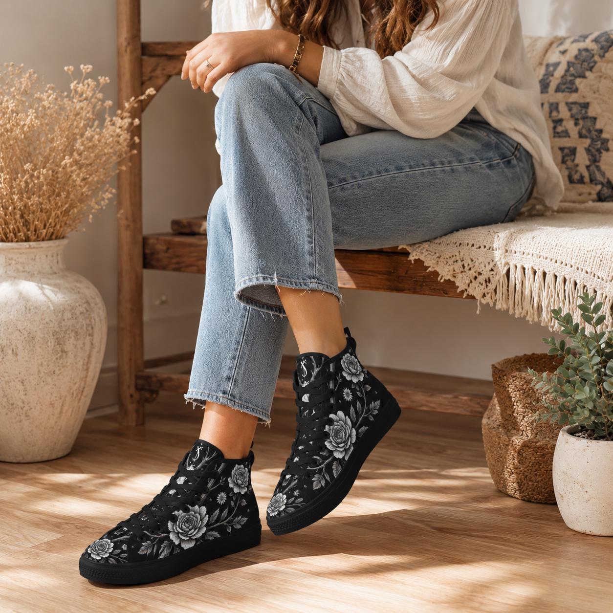 Gothic Floral High Top Sneakers, Black Rose Lace Up Canvas Shoes