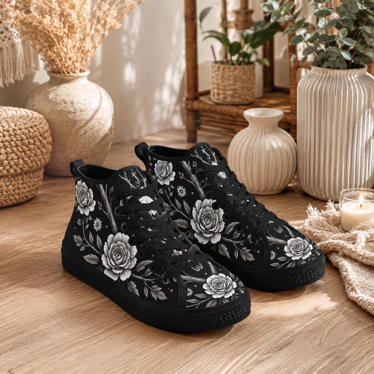 Gothic Floral High Top Sneakers, Black Rose Lace Up Canvas Shoes