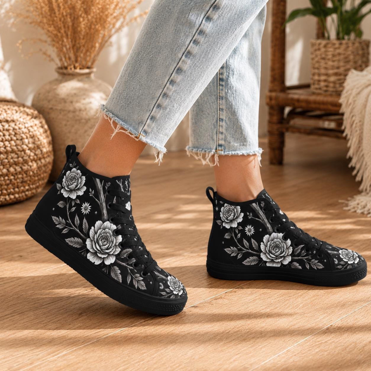 Gothic Floral High Top Sneakers, Black Rose Lace Up Canvas Shoes