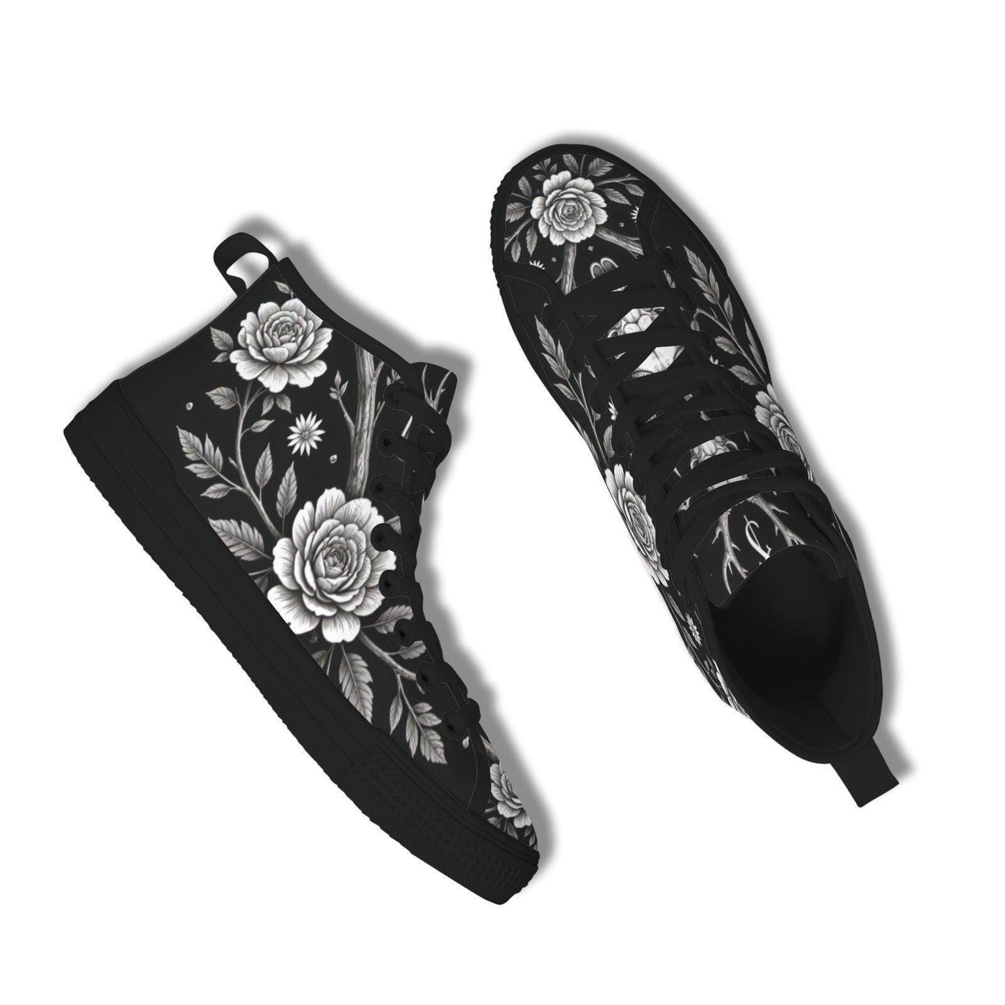 Gothic Floral High Top Sneakers, Black Rose Lace Up Canvas Shoes