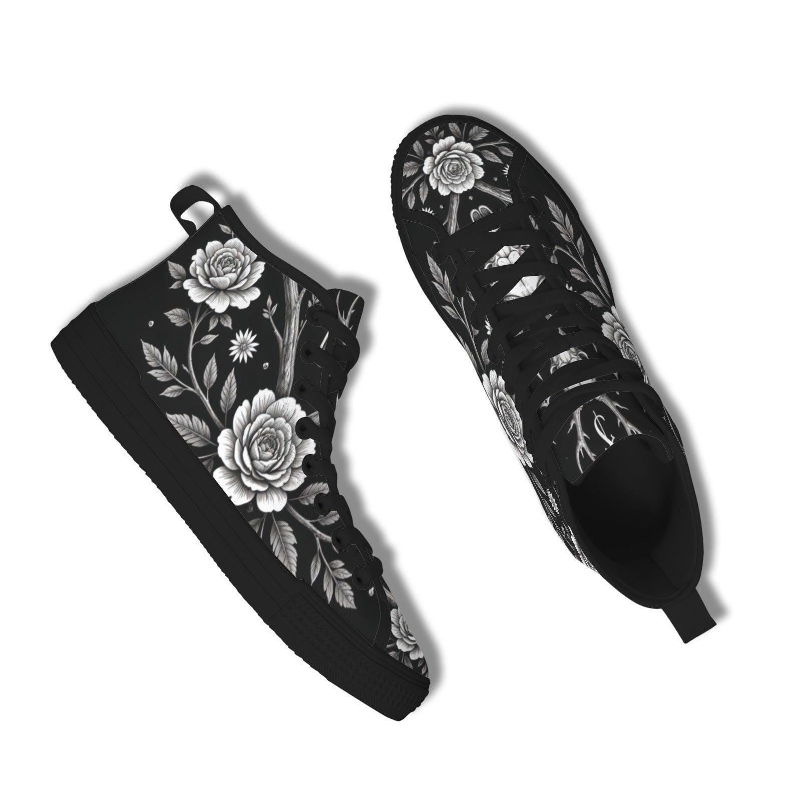 Gothic Floral High Top Sneakers, Black Rose Lace Up Canvas Shoes