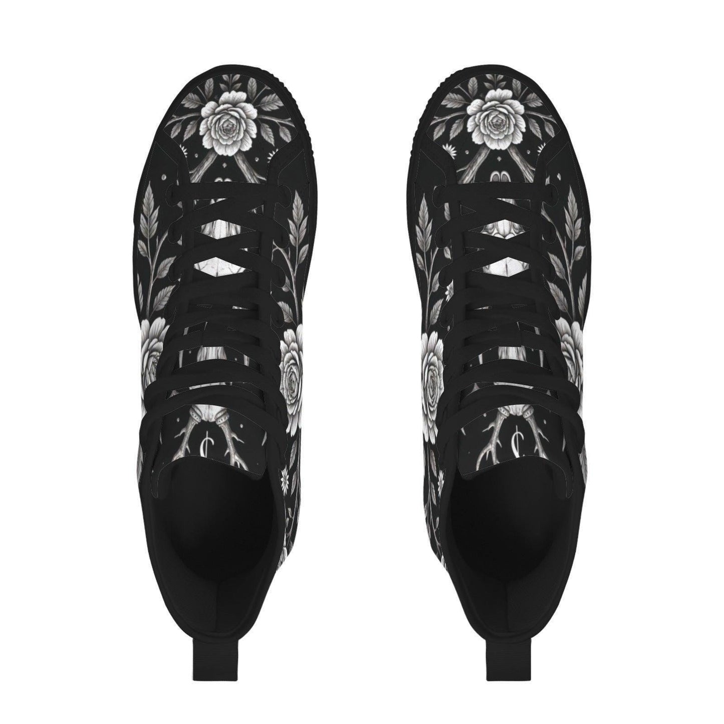 Gothic Floral High Top Sneakers, Black Rose Lace Up Canvas Shoes
