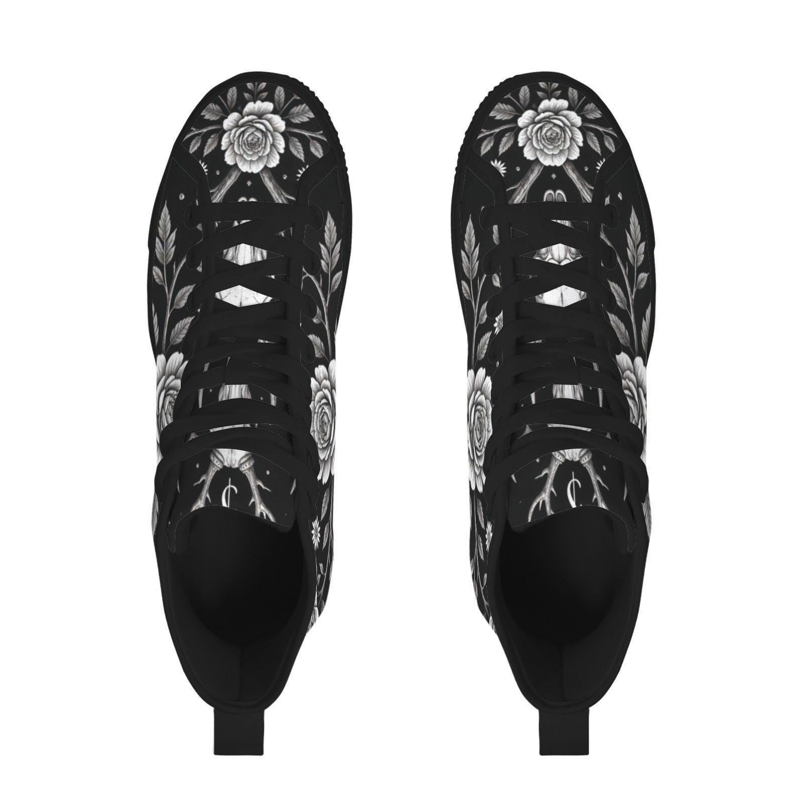 Gothic Floral High Top Sneakers, Black Rose Lace Up Canvas Shoes