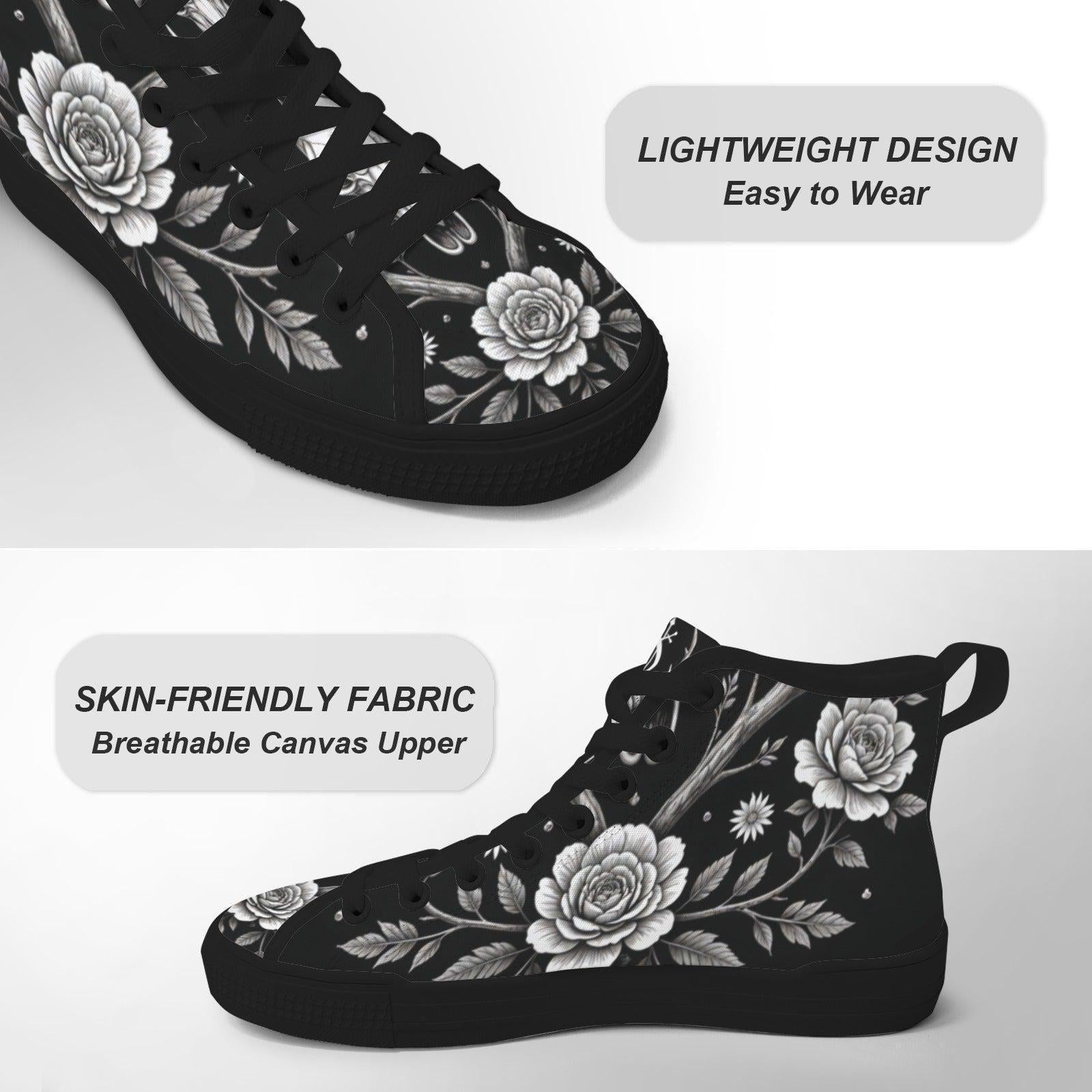 Gothic Floral High Top Sneakers, Black Rose Lace Up Canvas Shoes