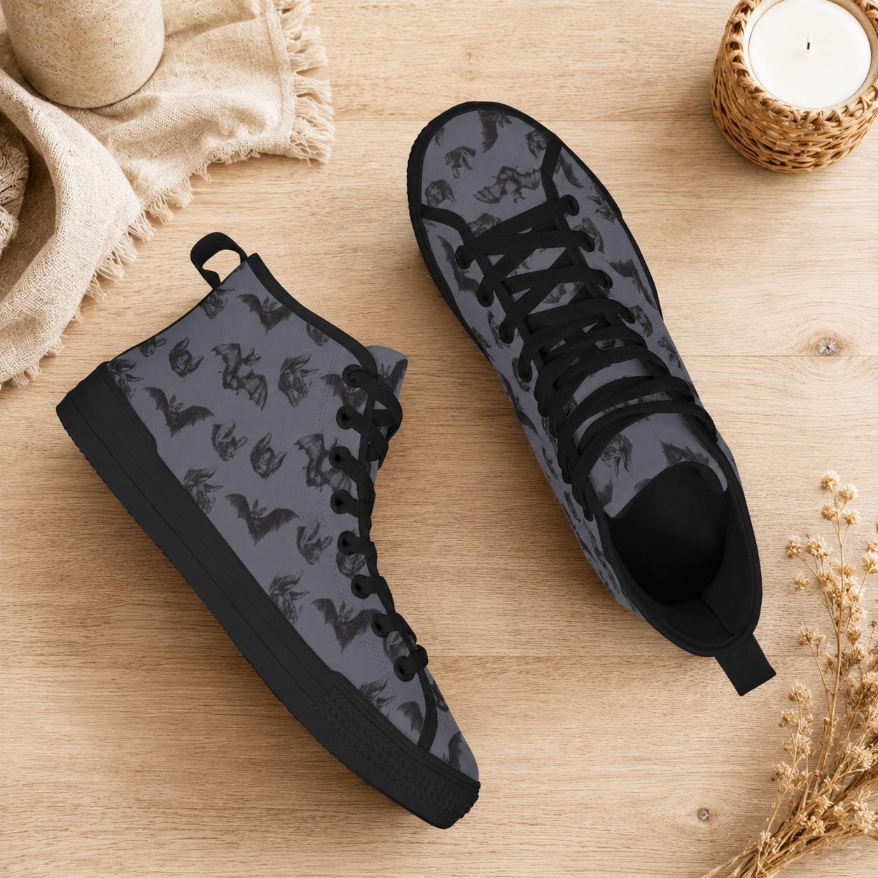 Gothic High Top Sneakers, Charcoal Dark Botanical Print Canvas Trainers
