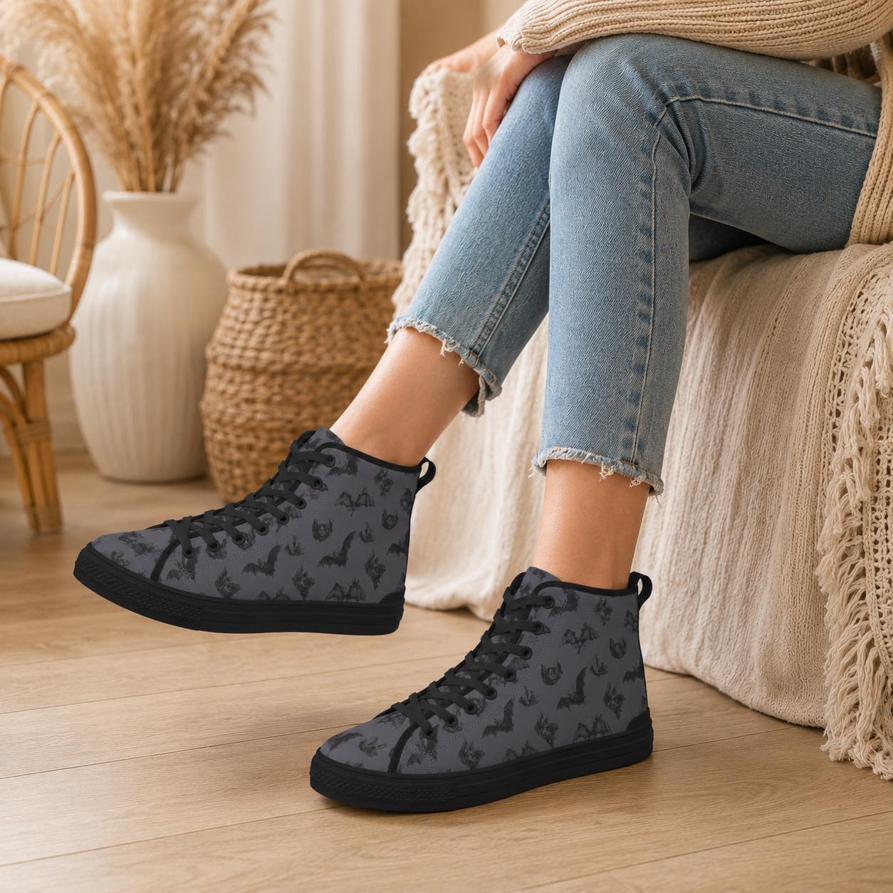 Gothic High Top Sneakers, Charcoal Dark Botanical Print Canvas Trainers